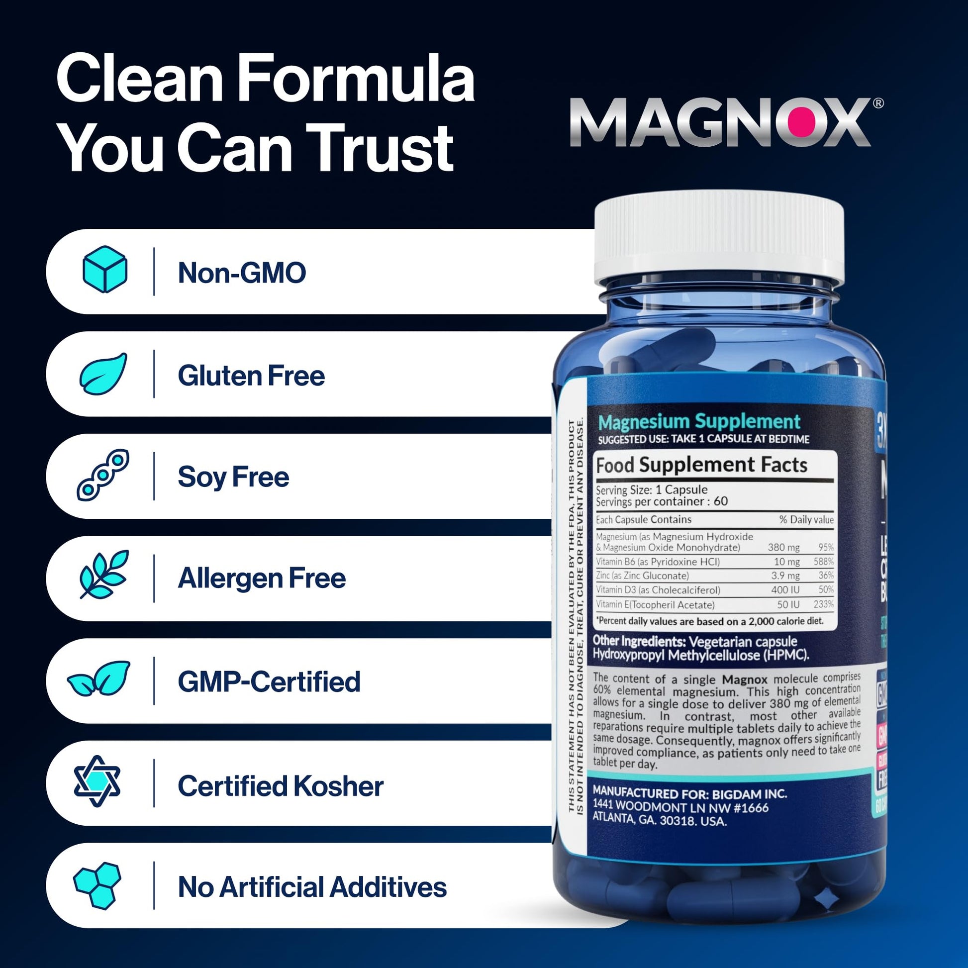 MAGNOX® Buster | Patented Clinically Tested 380mg Magnesium Supplement for Spasms & Leg Cramps at Night | One Capsule a Day for Almost Full Dosage | 3X More Absorption | Dead Sea Minerals (60 Caps) MAGNOX buy supplements canada