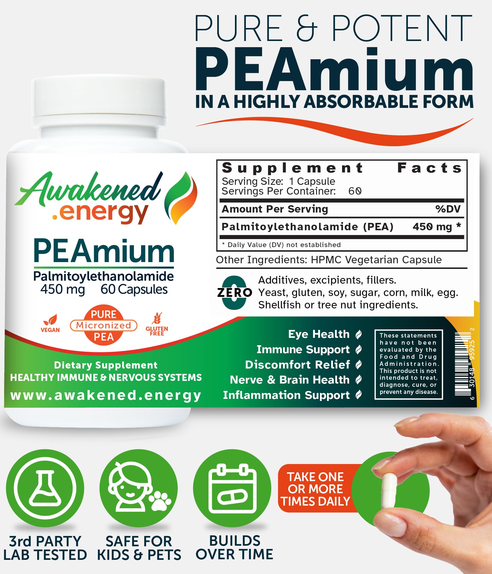 Palmitoylethanolamide 450mg Comfort Mobility Nerves Cognitive & Immune Support - Micronized High Absorption - All Natural Pea - USA Made - No Additives or Excipients – 60 Vegan Capsules Supplement Awakened.energy buy supplements canada