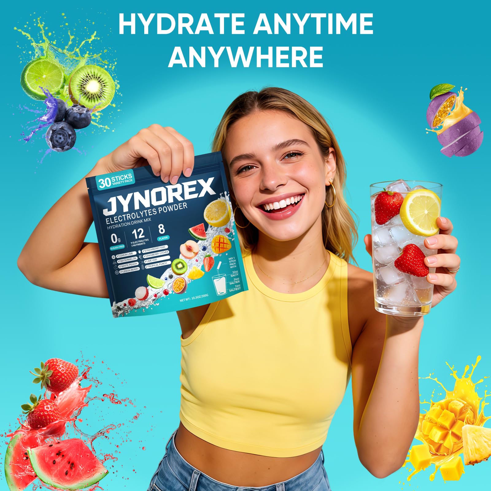 JYNOREX Electrolytes Powder Packets Sugar Free, 30 Sticks High Sodium Hydration Packets, Electrolyte Drink Mix with Lemon Lime Watermelon Peach Berry Kiwi JYNOREX buy supplements canada