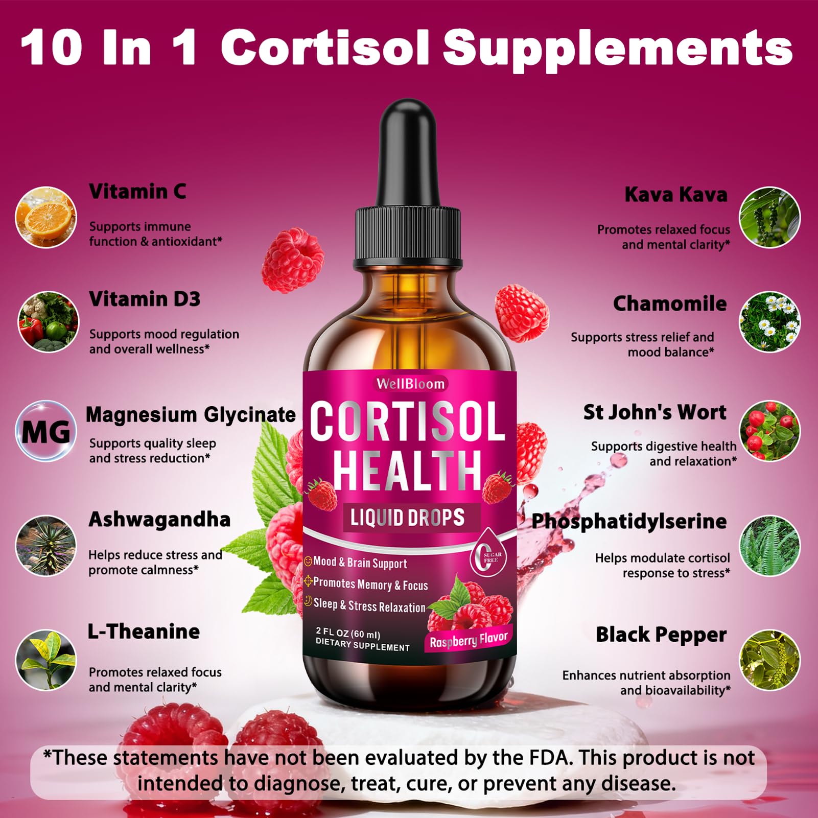 WellBloom Cortisol Reducer for Women & Men with Magnesium Glycinate, Ashwagandha, L-Theanine - Supports Stress Relief, Sleep & Heart Health, Nerves, Muscles - 2 Fl Oz WellBloom buy supplements canada