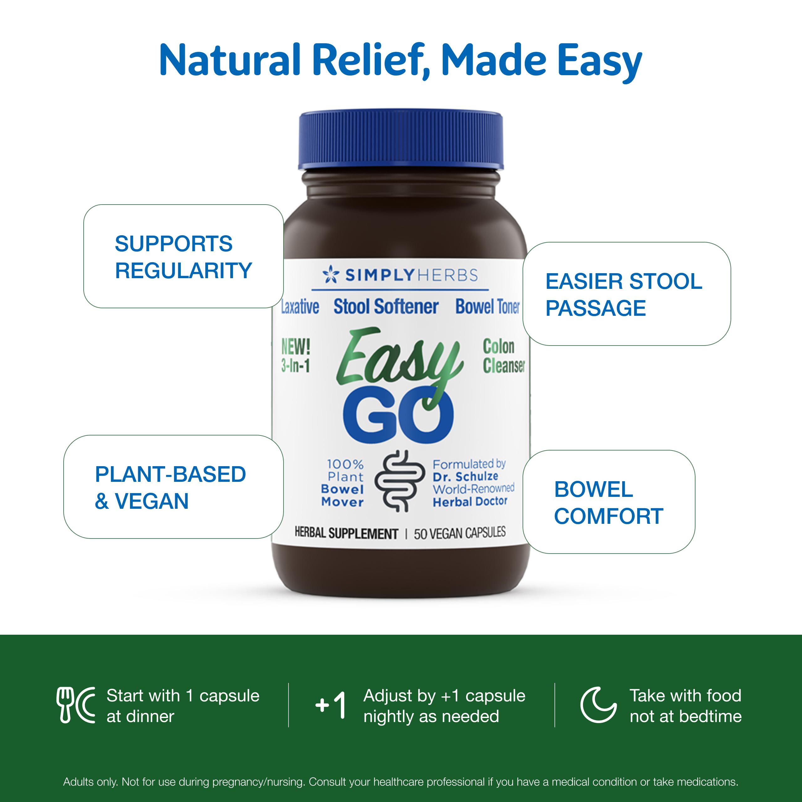 Simply Herbs Easy Go Bowel Mover - Adult Cleansing Supplement for Colon Health Support - Bowel Movement Aid - Stool Softener - Daily-Use Laxative - Plant-Based Ingredients - Vegan - 50 Count Dr. Schulze's buy supplements canada