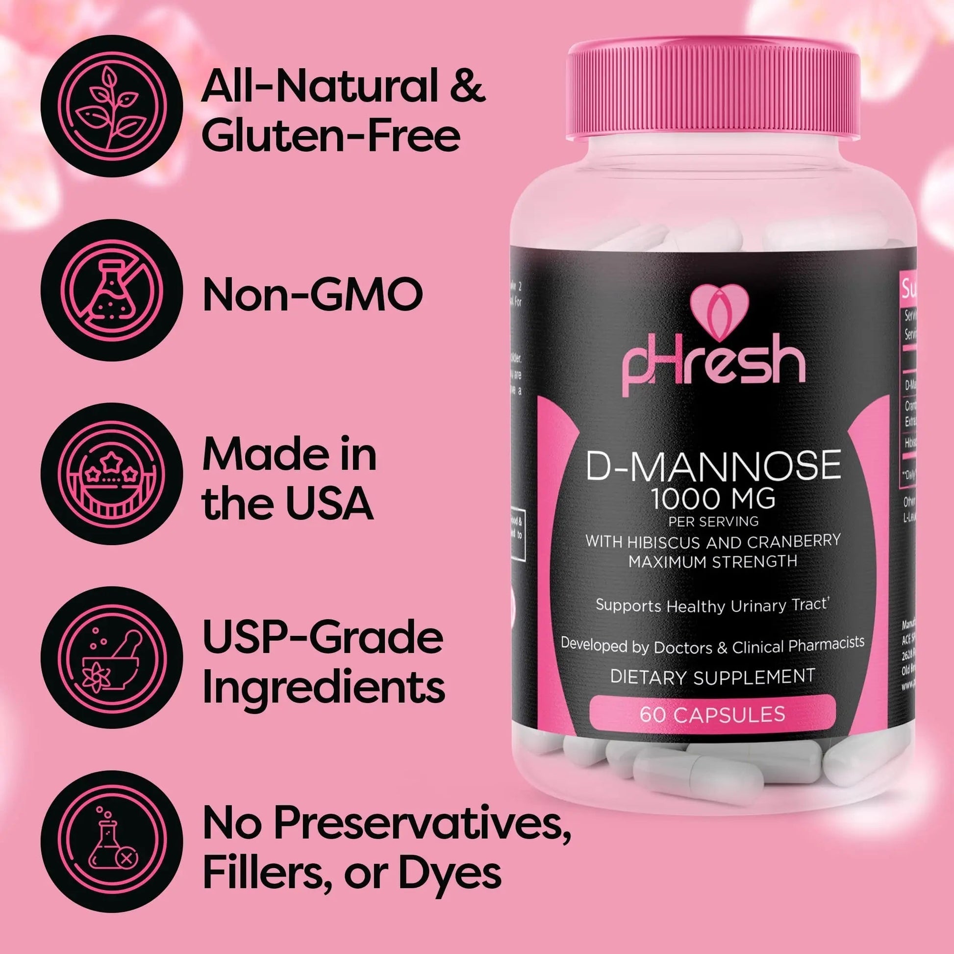 ACE NUTRITION pHresh D-Mannose with Cranberry Capsules for Women and Men, Maximum Strength 1000 mg Per Serving - Supports: Urinary Tract Health - Made in The USA ACE NUTRITION buy supplements canada