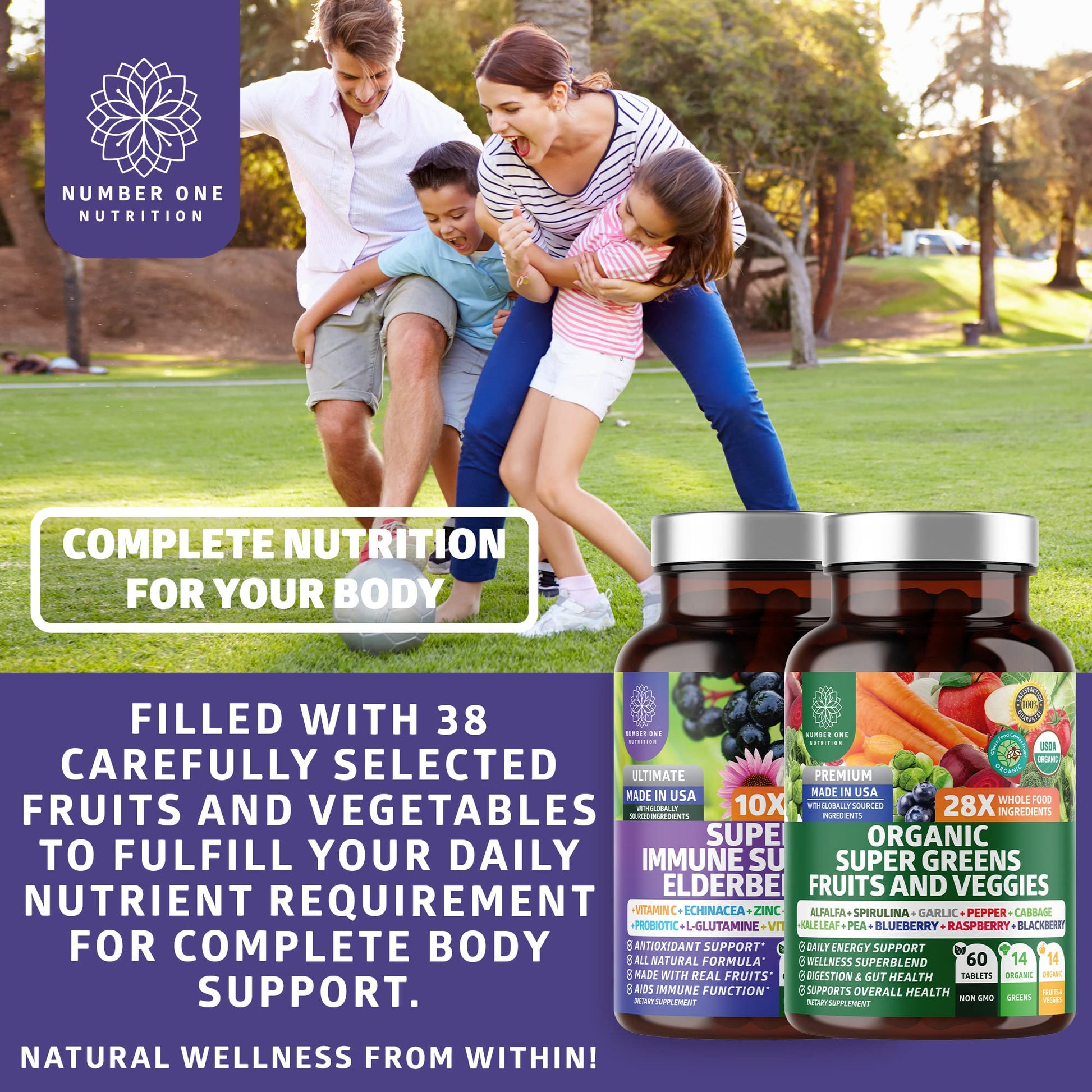 N1N Premium Organic Super Fruits & Veggies + Immune Support [38 Powerful Ingredients], Natural Super Greens Supplement with Alfalfa, Vitamins & Minerals, Zinc, Turmeric and Probiotic, 120 Caps Number One Nutrition buy supplements canada