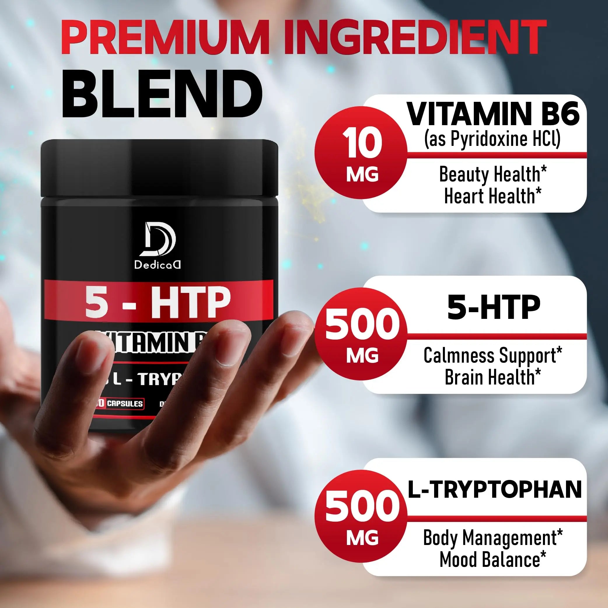 DEDICAD 5 HTP Supplement 1010mg - 60 Capsules - 3in1 Combined with Vitamin B6, L-Tryptophan - Comfortable Mood, Brain Health, Body Management & Immune System Support DEDICAD buy supplements canada