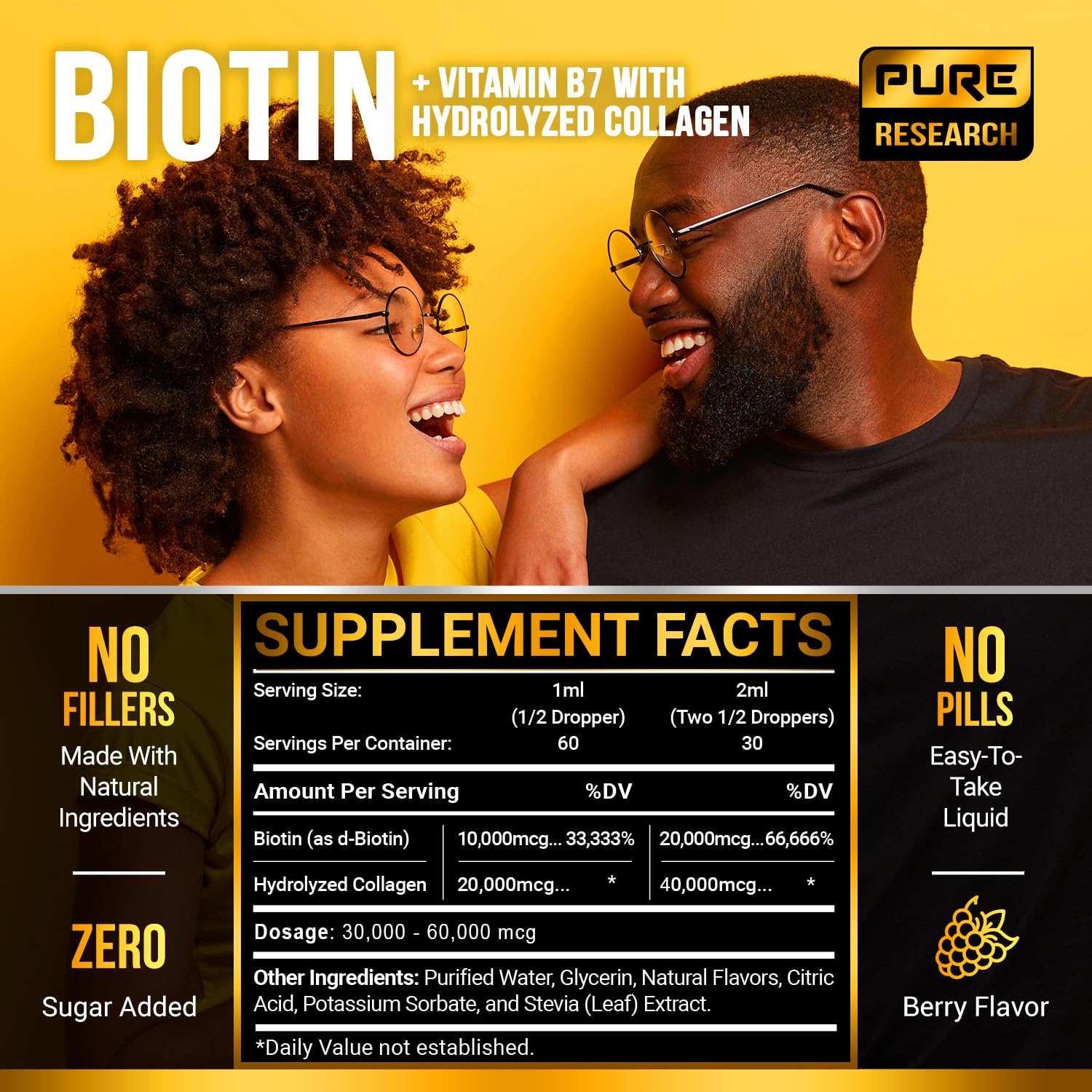 PURE RESEARCH Liquid Biotin & Collagen Hair Growth Drops 60,000mcg – Biotin and Liquid Collagen Supplements for Women & Men – Supports Glowing Skin PURE RESEARCH buy supplements canada