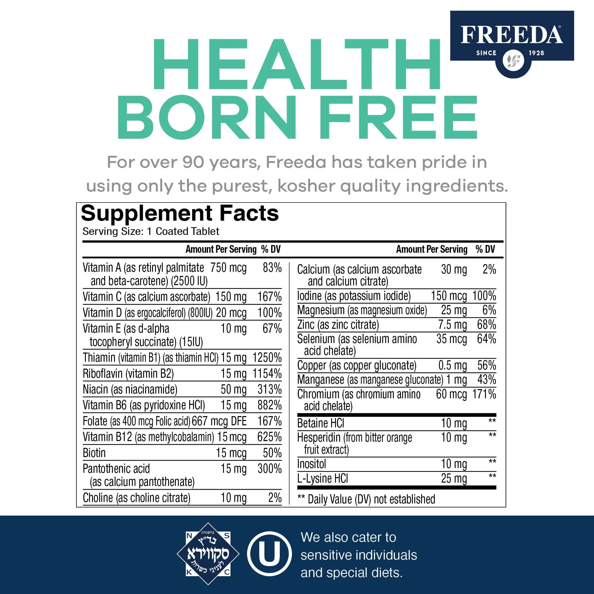 Freeda Senior Multivitamin - Kosher Vitamins for Men & Women 60 and Over - One Daily Coated Tablet - Women’s & Men’s Vitamins Multivitamin 60 Plus FREEDA buy supplements canada