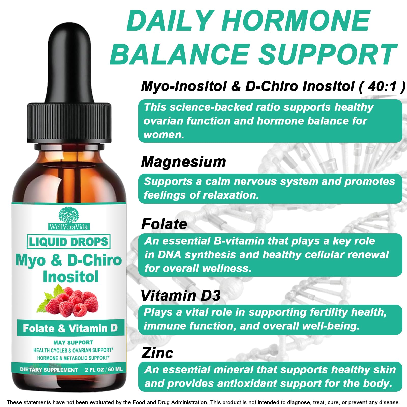 Myo Inositol & D-Chiro Inositol Supplement Liquid for Women- Ideal 40:1 Ratio Inositol Drops with MTHF Folate, Magnesium, Vitamin D, Supports Hormone Balance, Regular Cycles & Ovarian Health丨Vegan WellVeraVida buy supplements canada