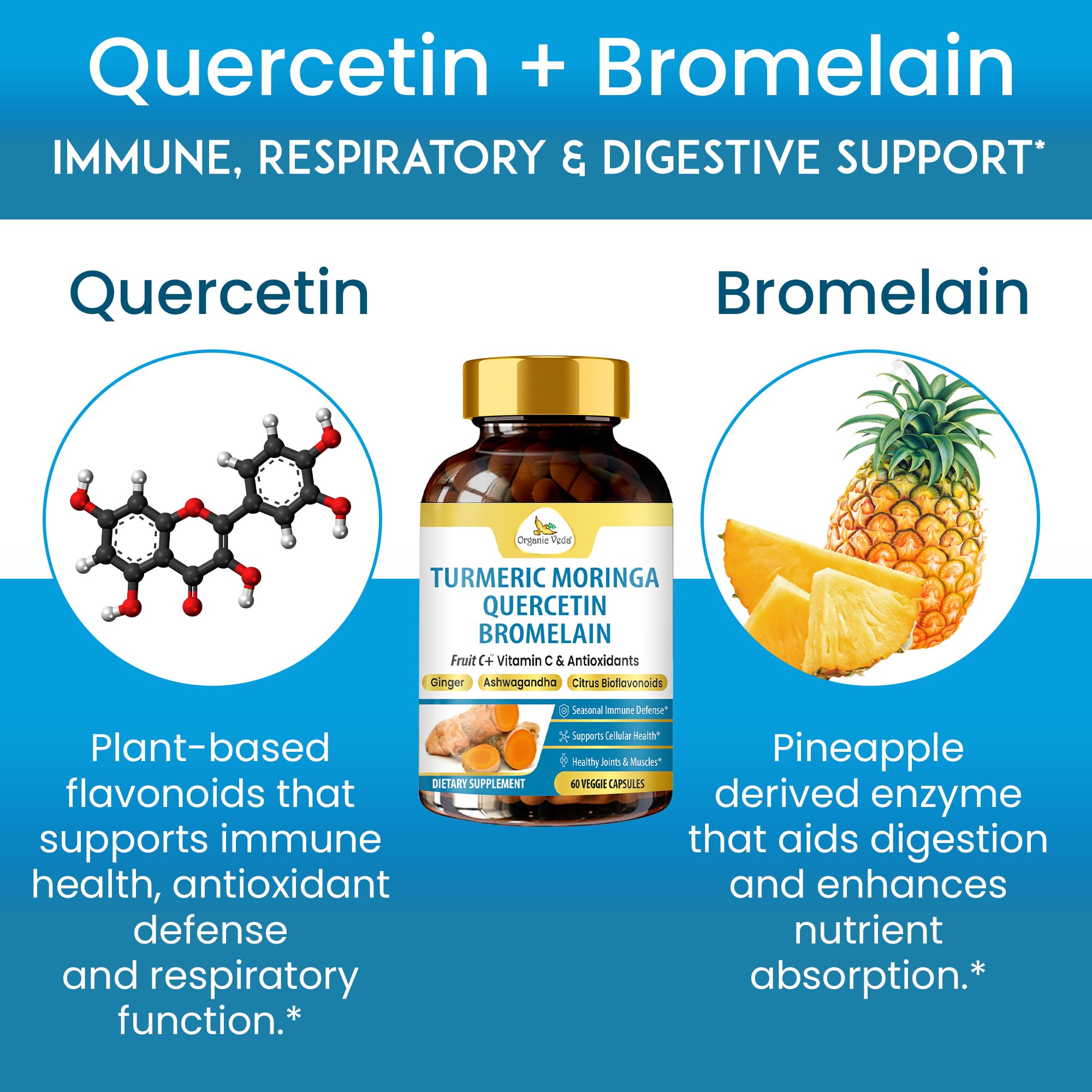 Organic Veda Turmeric Moringa Quercetin with Bromelain Capsules - Fruit C+ Vitamin C Antioxidants Immune System & Respiratory Supplement - Ashwagandha, Ginger, Citrus Bioflavonoids, 60 Vegan Capsule Organic Veda buy supplements canada