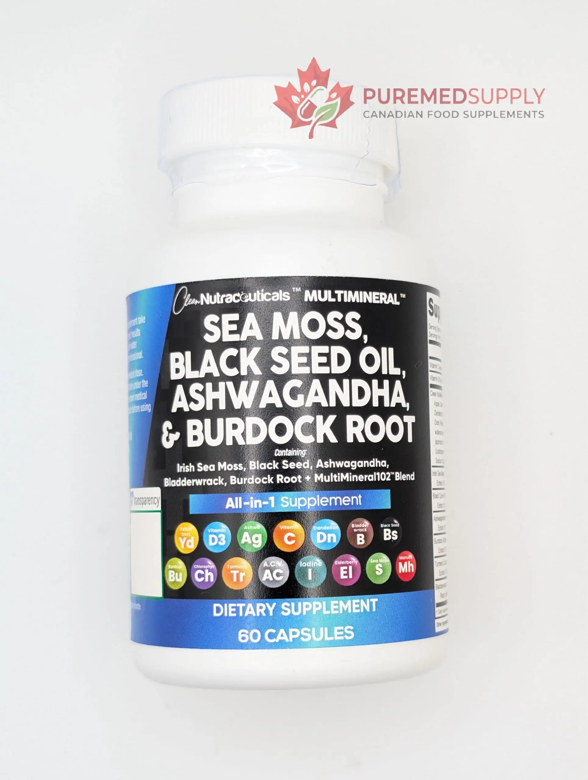 Sea Moss Black Seed Oil Ashwagandha Turmeric Bladderwrack Burdock & Vitamin C Vitamin D3 with Elderberry Manuka Dandelion Yellow Dock Iodine Chlorophyll ACV - 5Pack Clean Nutraceuticals buy supplements canada