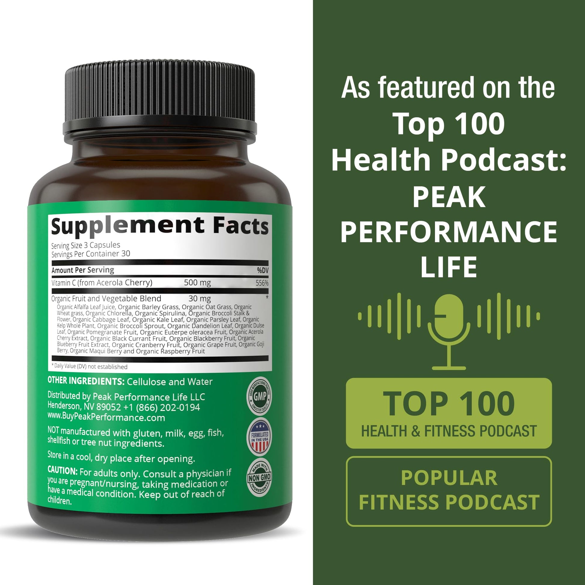 Peak Performance Raw Whole Food Natural Vitamin C Capsules from Acerola Cherry for Max Absorption. Vegan USA Sourced Vitamin C Supplement 90 Pills. 500 mg Serving or 2 Servings 1000mg Peak Performance buy supplements canada