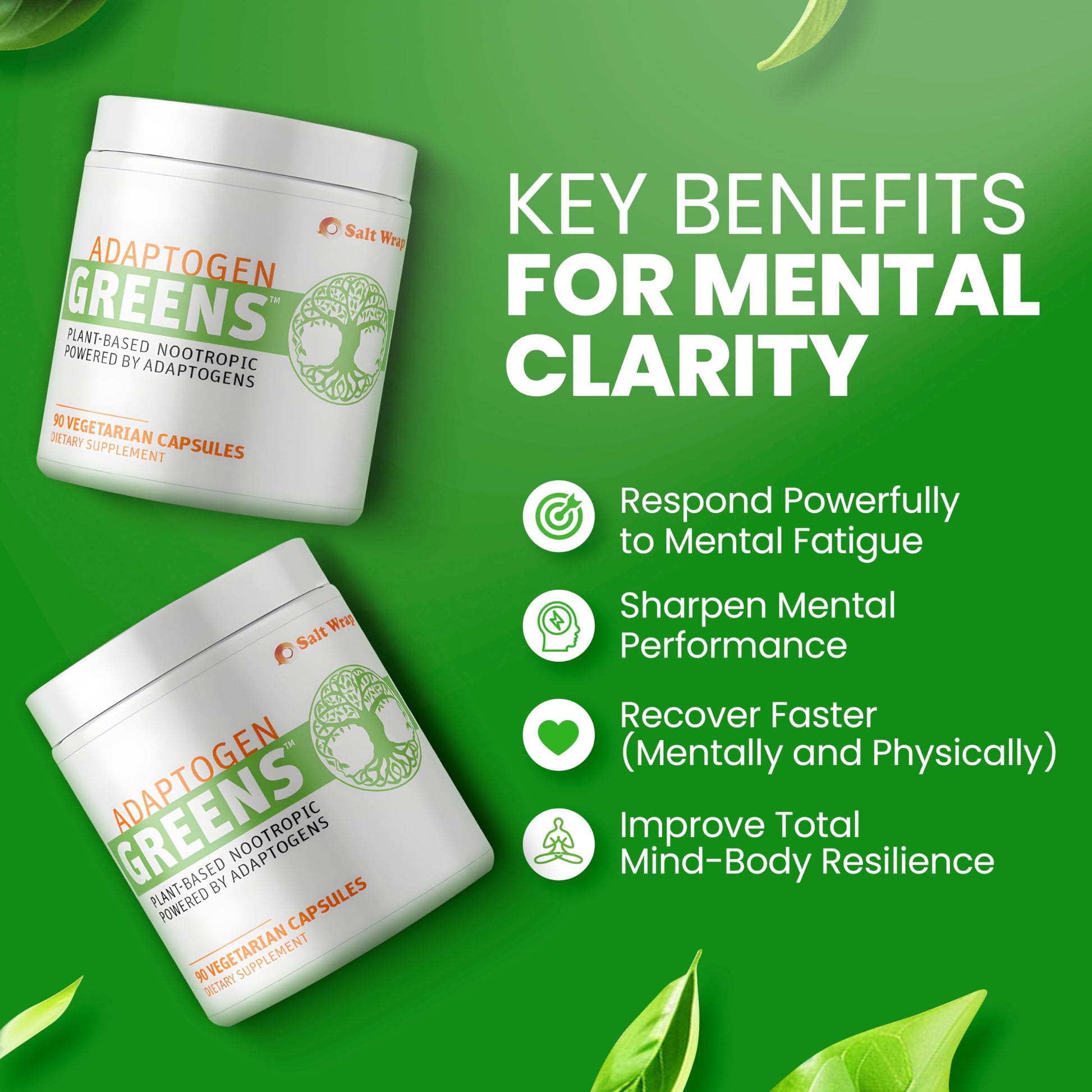 SaltWrap Adaptogen Greens - Mind-Body Resilience Formula - Caffeine-Free Nootropic for Stress, Focus, and Cognitive Performance - 90 Capsules SaltWrap buy supplements canada