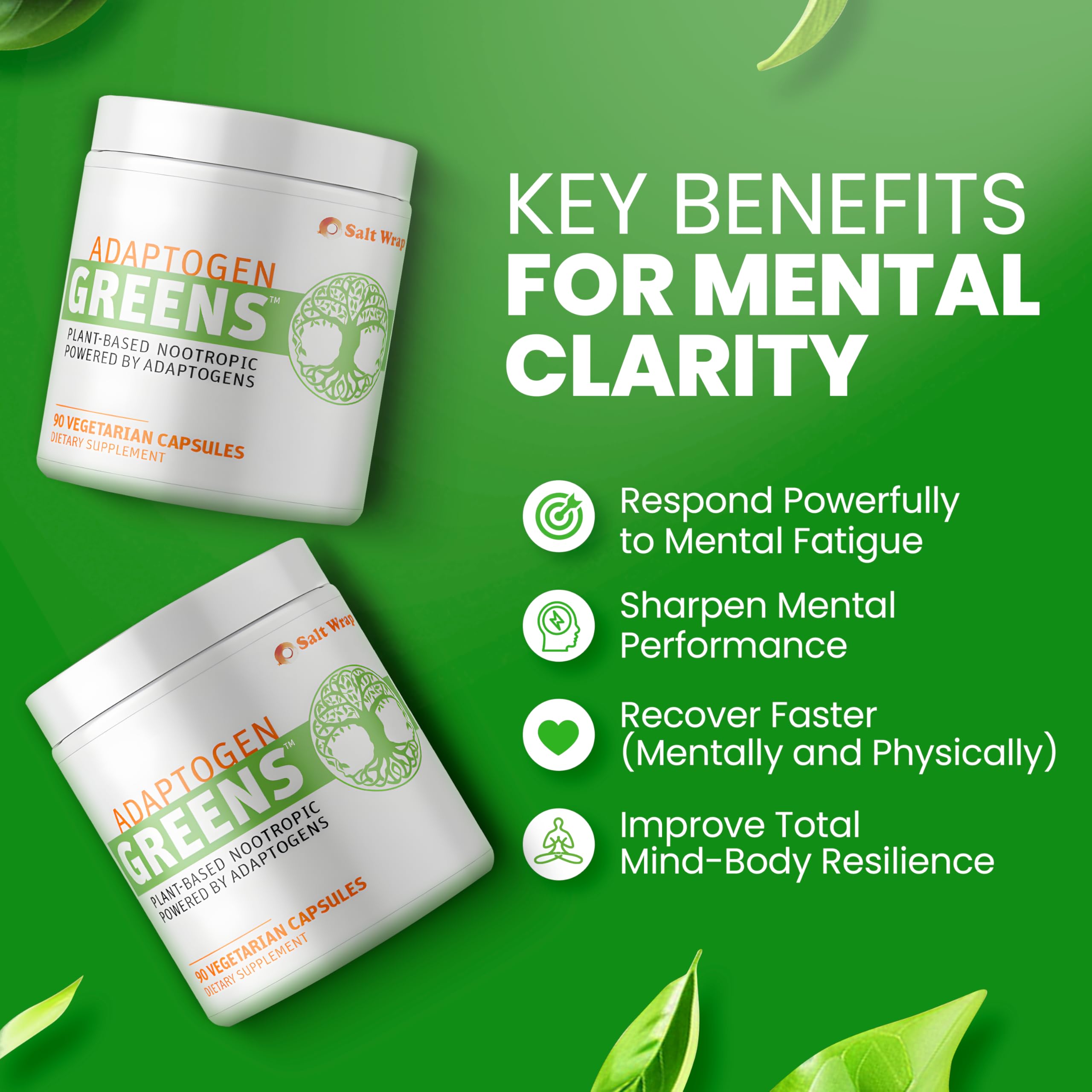 SaltWrap Adaptogen Greens - Mind-Body Resilience Formula - Caffeine-Free Nootropic for Stress, Focus, and Cognitive Performance - 90 Capsules SaltWrap buy supplements canada