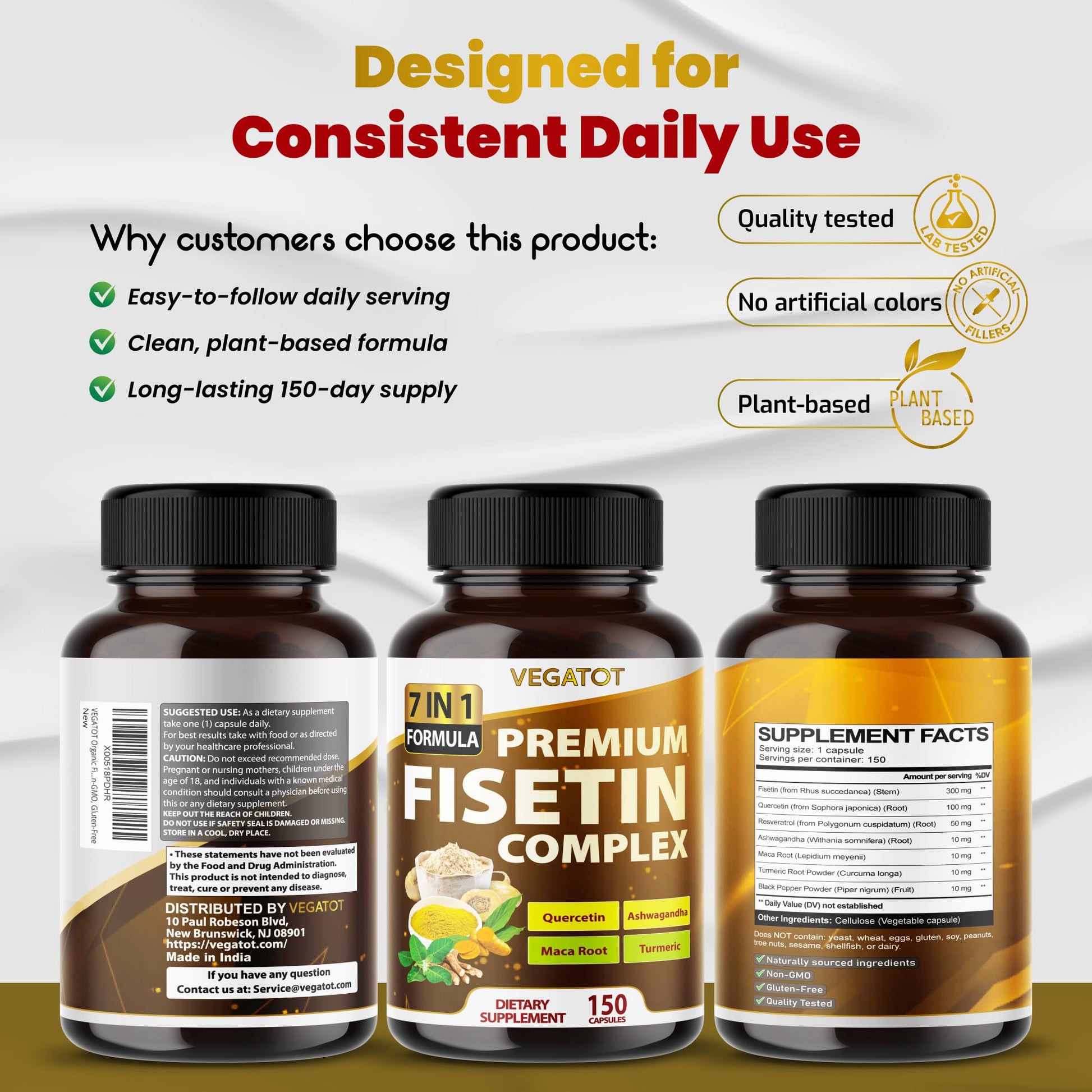 VEGATOT Organic Fisetin Complex 7-in-1 Formula | with Quercetin, Resveratrol, Ashwagandha, Maca Root, Turmeric, Black Pepper | 150 Capsules | Non-GMO, Gluten-Free VEGATOT buy supplements canada