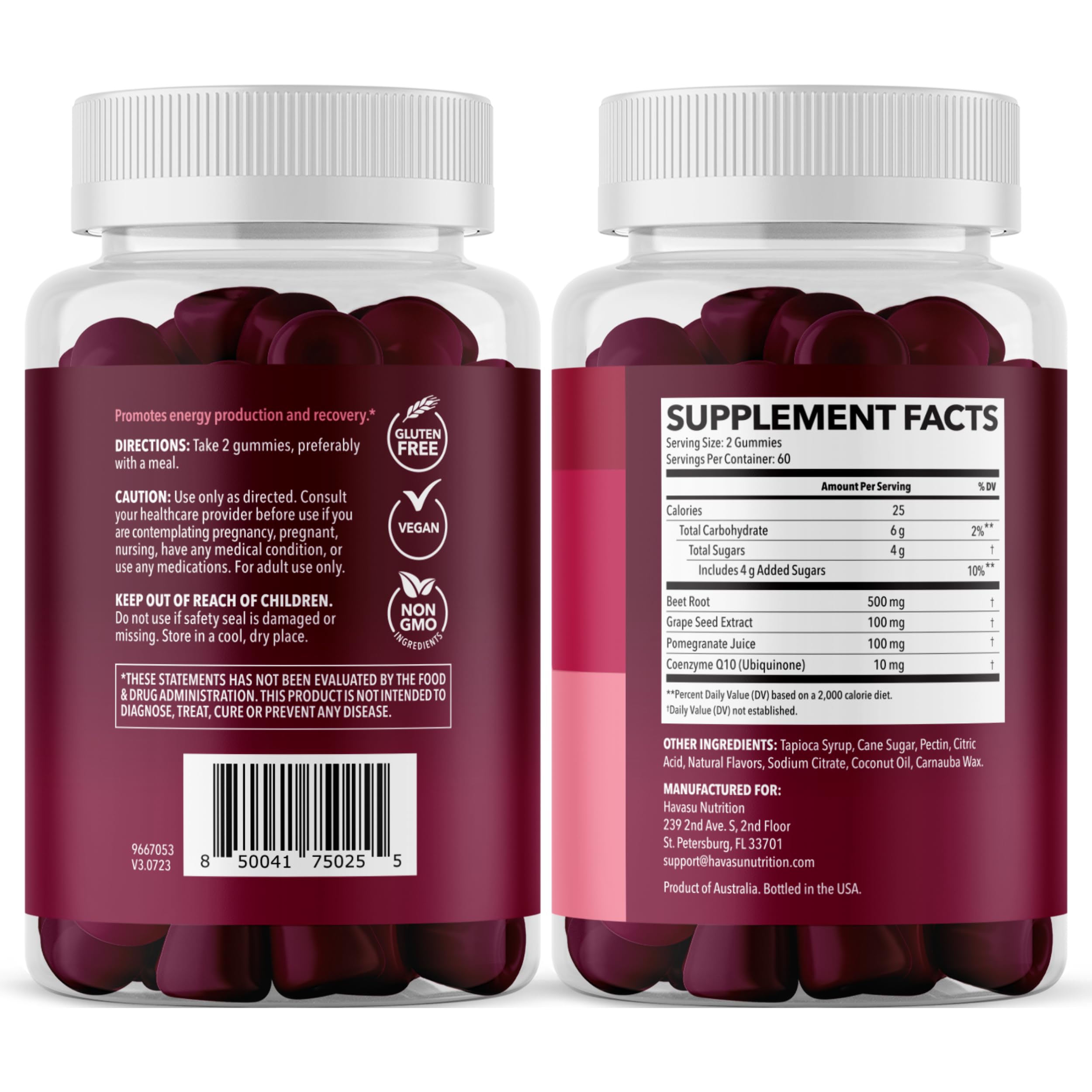Beet Root Gummies with COQ10 & Pomegranate - Nitric Oxide Supplement for Men and Women - Beetroot for Endurance, Performance, Recovery - Vegan, Non-GMO, Gluten Free - HAVASU NUTRITION buy supplements canada