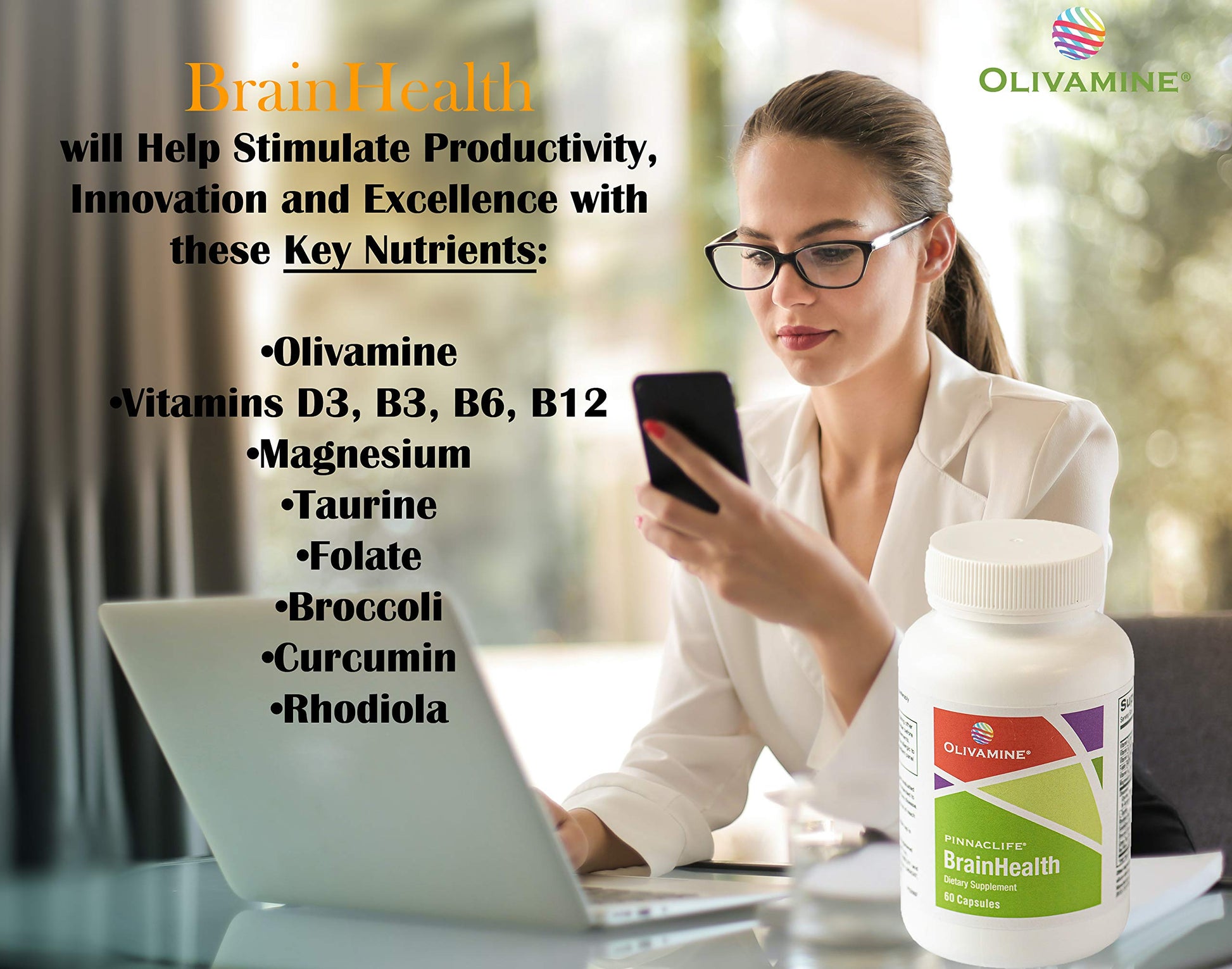 BrainHealth Brain Supplement - Amplify Memory, Increase Focus, Enhance Clarity & Gain Productivity For Men & Women, Olivamine, Vitamin D, Vitamin B6 & B12, Rhodiola Rosea, Magnesium, Taurine Pinnaclife buy supplements canada