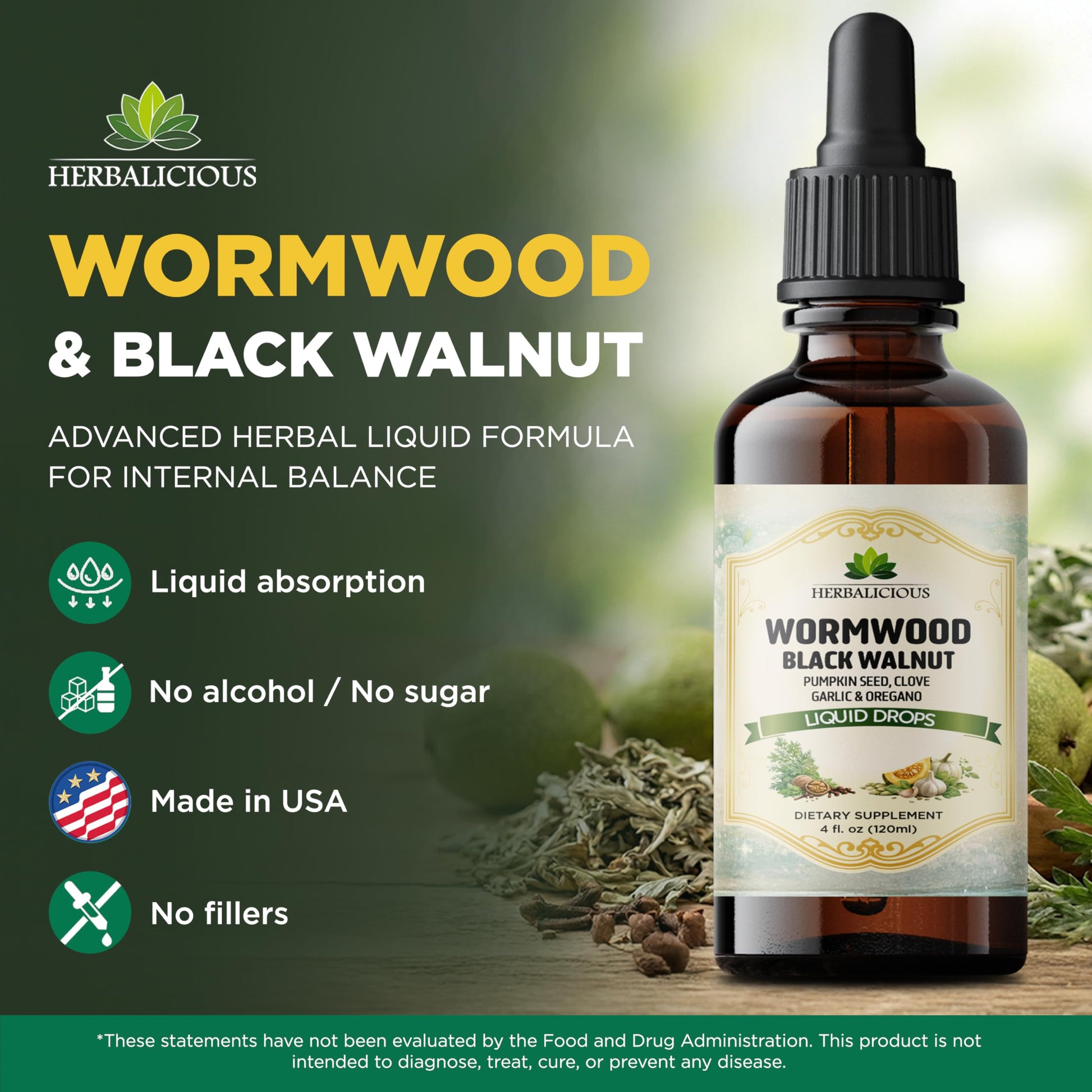 HEBRALICIOUS Wormwood Black Walnut Liquid Drops – Herbal Blend with Pumpkin Seed, Clove, Garlic & Oregano Oil – Alcohol Free Herbal Tincture – Liquid Dietary Supplement, 4 fl oz (120ml) HERBALICIOUS buy supplements canada