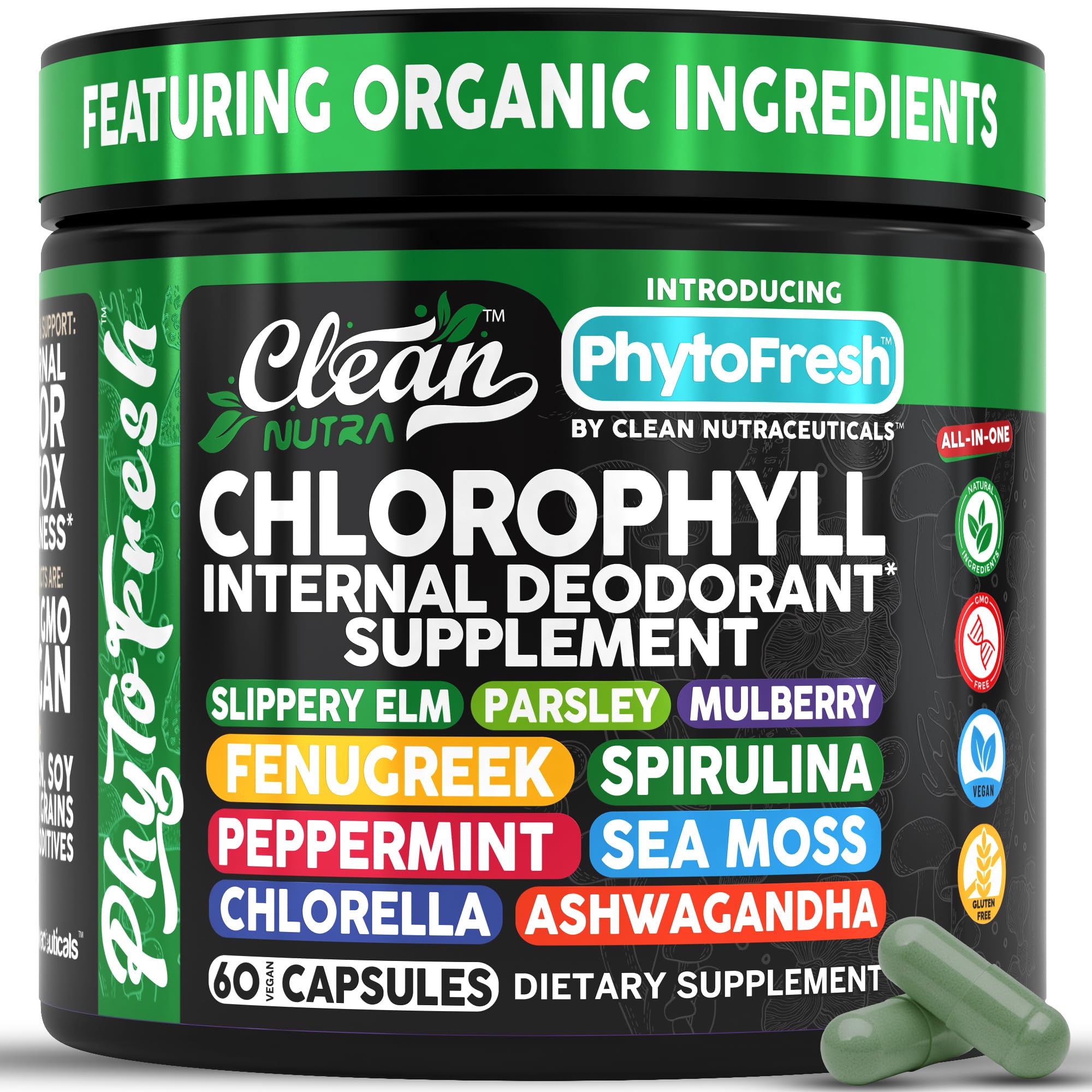 Clean Nutra Chlorophyll Capsules Supplement Internal Deodorant Peppermint, Sea Moss, Parsley, Chlorella, Spirulina, Slippery Elm, Ashwagandha, PhytoFresh Greens Detox Pills Clean Nutraceuticals buy supplements canada