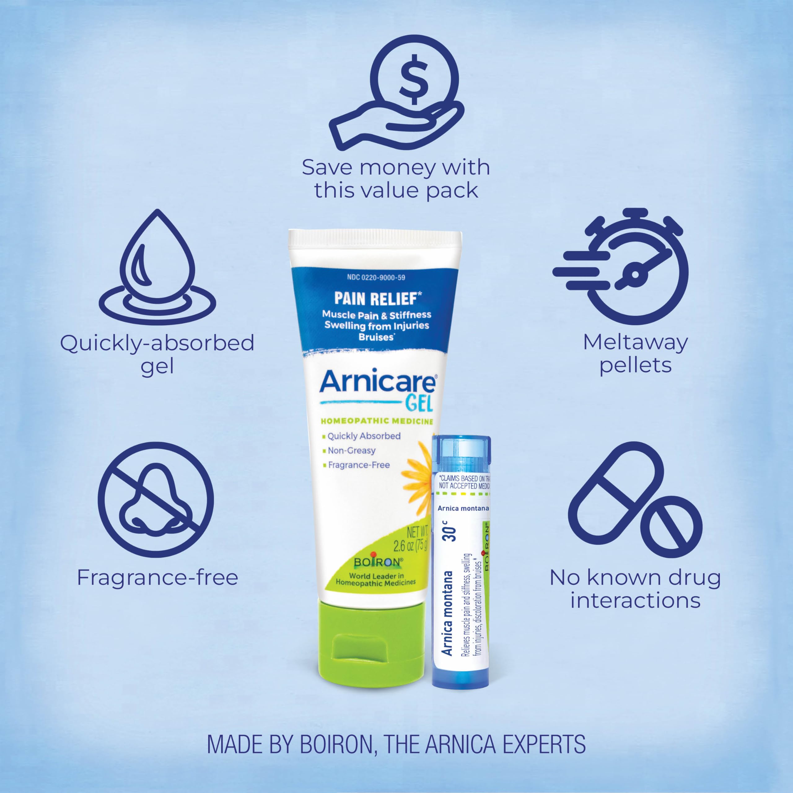Boiron Arnicare Gel and Arnica 30c Value Pack for Pain Relief, Muscle Soreness, and Swelling from Bruising or Injury - 2.6 oz + 80 Pellet Tube Boiron buy supplements canada