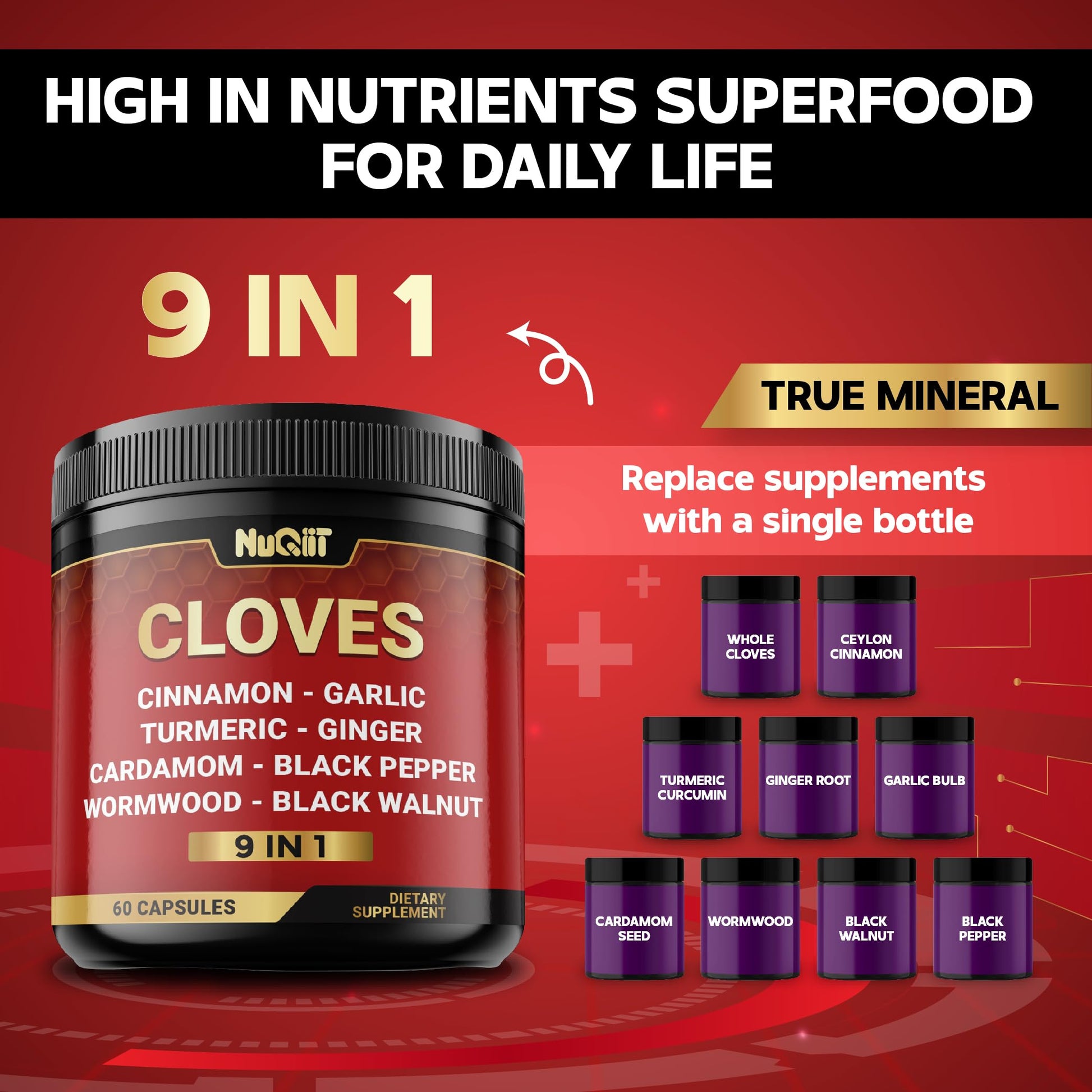 9in1 Clove Supplement Rich in Vitamins & Minerals for Digestive, Immune System, Bone & Heart Health with Cinnamon, Turmeric, Ginger, Cardamom, Garlic, Wormwood, Black Walnut - 60 Capsules - 30 Days NUQIIT buy supplements canada