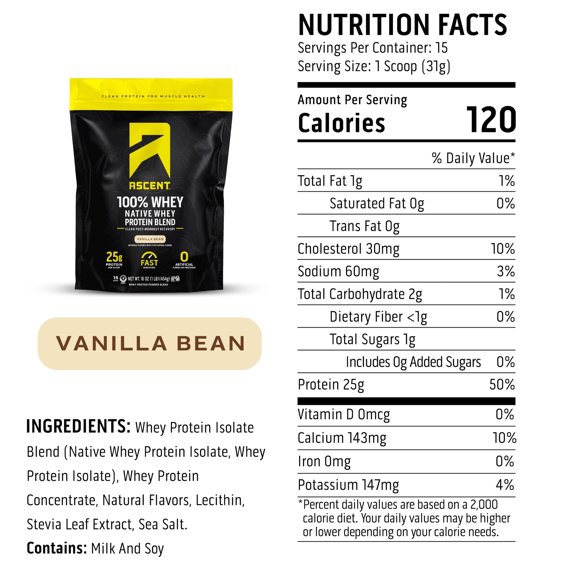 Ascent 100% Whey Protein Powder - Post Workout Whey Protein Isolate, Zero Artificial Flavors & Sweeteners, Gluten Free, 5.5g BCAA, Ascent buy supplements canada
