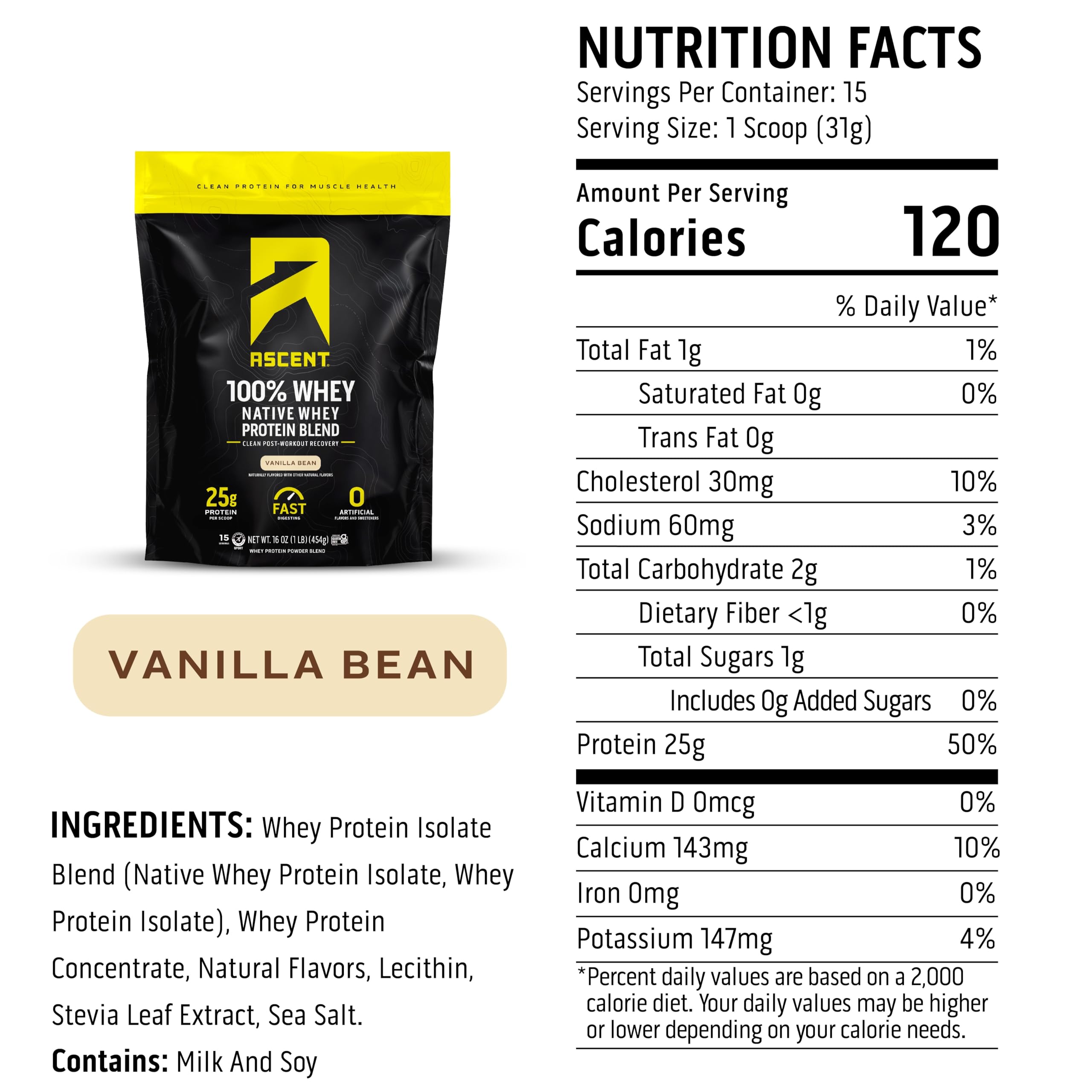 Ascent 100% Whey Protein Powder - Post Workout Whey Protein Isolate, Zero Artificial Flavors & Sweeteners, Gluten Free, 5.5g BCAA, Ascent buy supplements canada