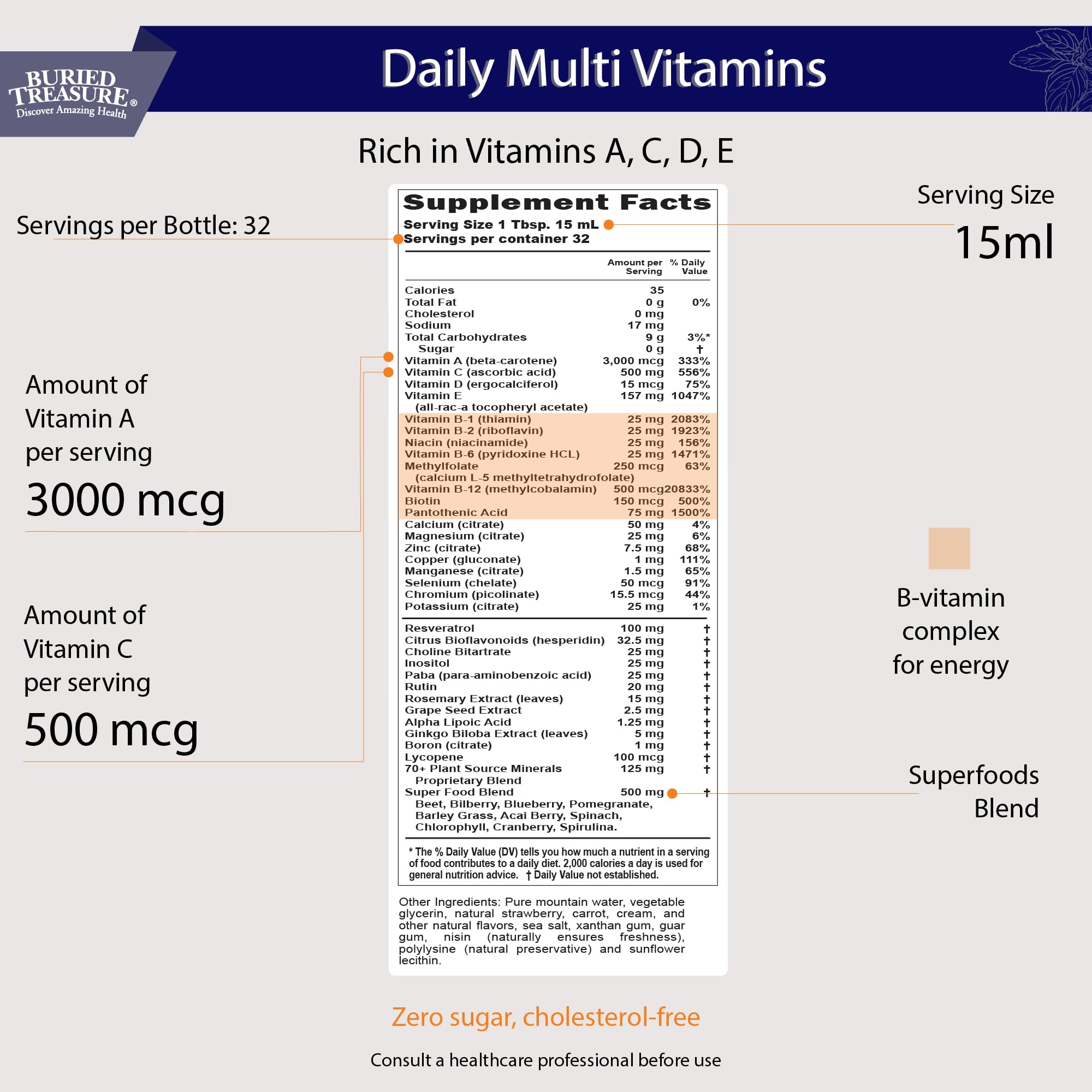 Buried Treasure Daily Nutrition Liquid Multivitamin and Mineral Supplement with Trace Minerals, Superfoods, Vitamin A, B-Complex, C, D, E, Methylfolate, Biotin, Magnesium, Zinc, Resveratrol, 32 serv Buried Treasure buy supplements canada