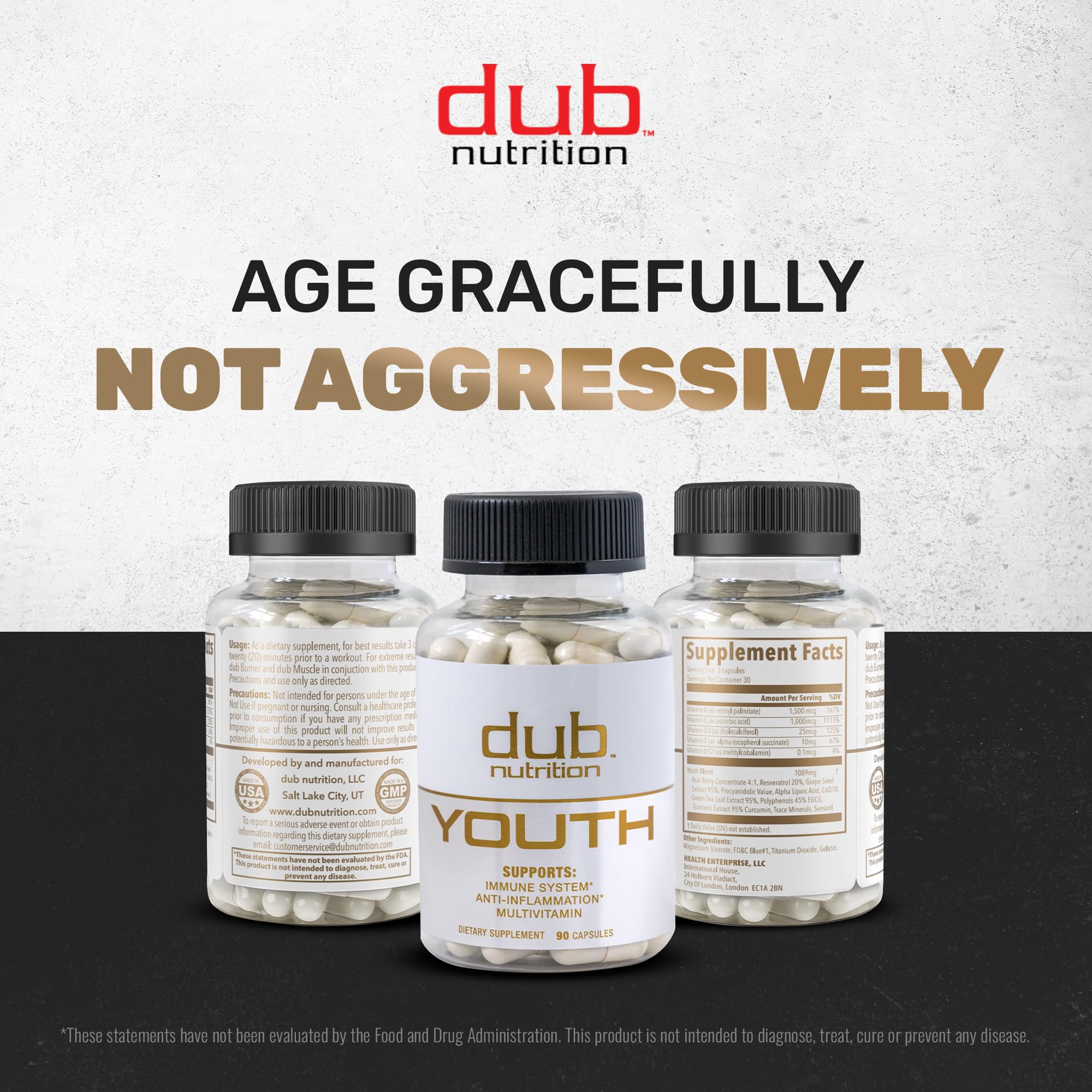 Dub Nutrition Youth - Formula with Acai, Resveratrol, Curcumin, Vitamins A, C, D, E, B12, and CoQ10 - Supports Immunity and Mobility - 90 Capsules Dub Nutrition buy supplements canada