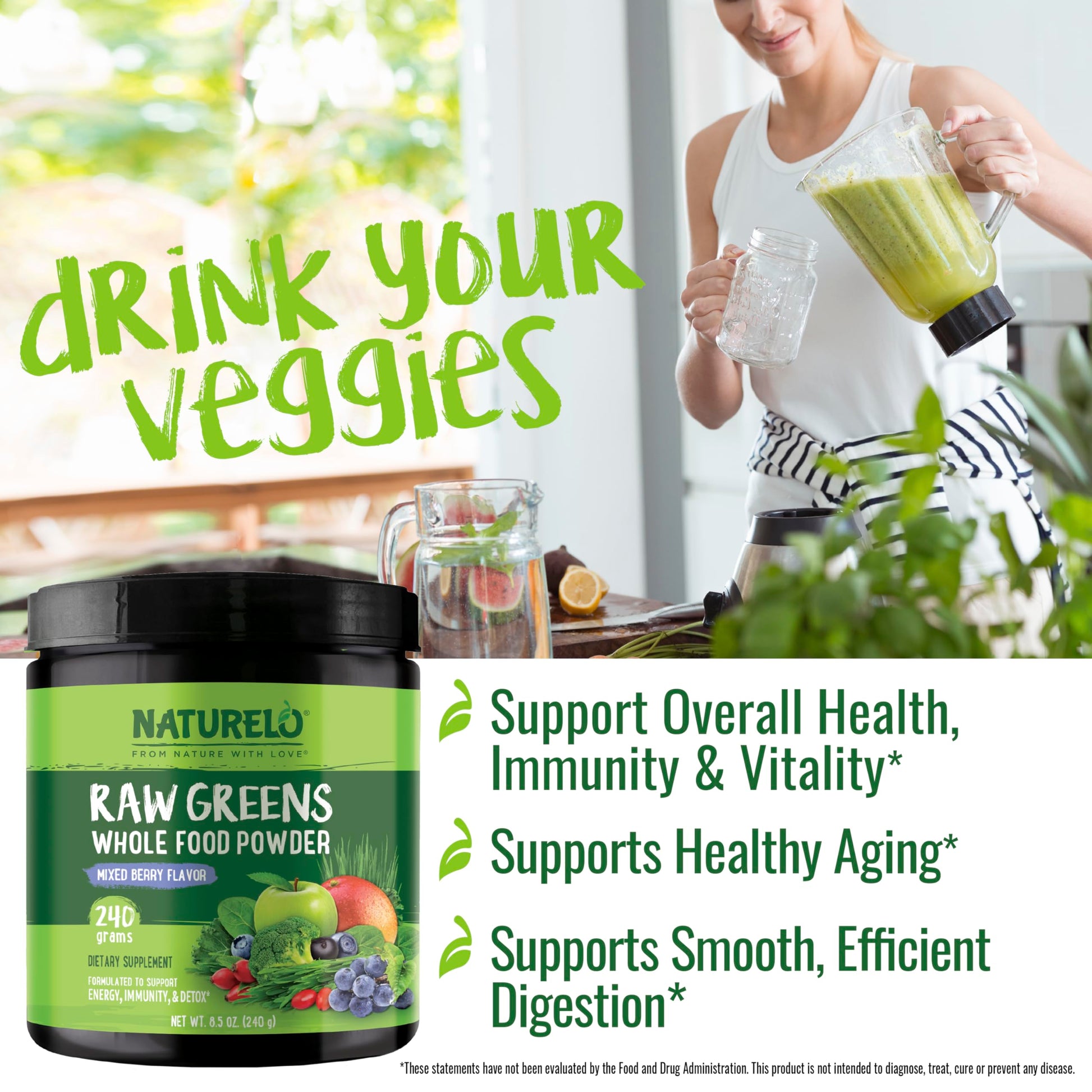 NATURELO Raw Greens Superfood Powder 240 Grams, Mixed Berry - Supports Energy, Immunity and Detox - Includes Spirulina, Wheat Grass and Organic Greens for Whole Food Nutrition NATURELO buy supplements canada