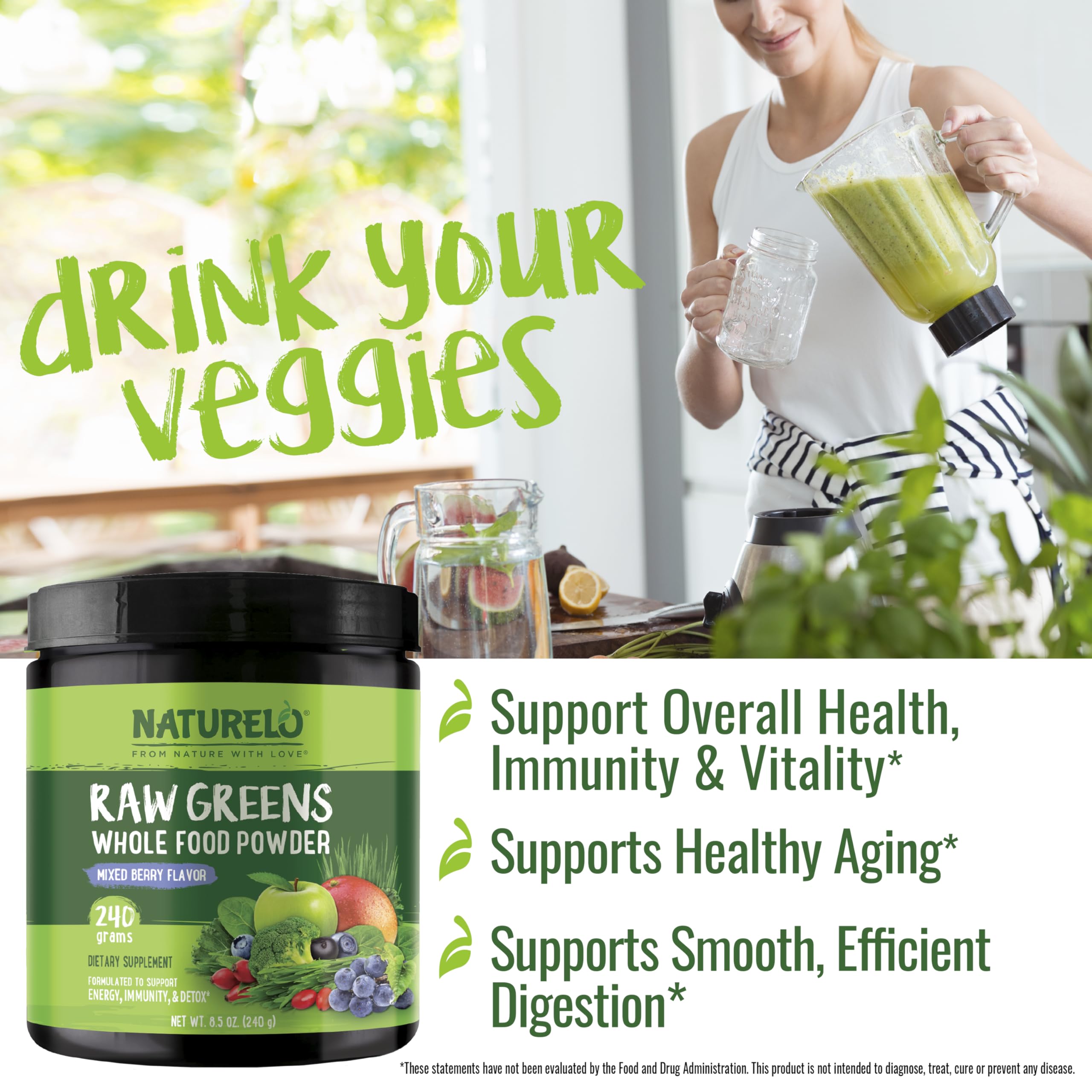 NATURELO Raw Greens Superfood Powder 240 Grams, Mixed Berry - Supports Energy, Immunity and Detox - Includes Spirulina, Wheat Grass and Organic Greens for Whole Food Nutrition NATURELO buy supplements canada