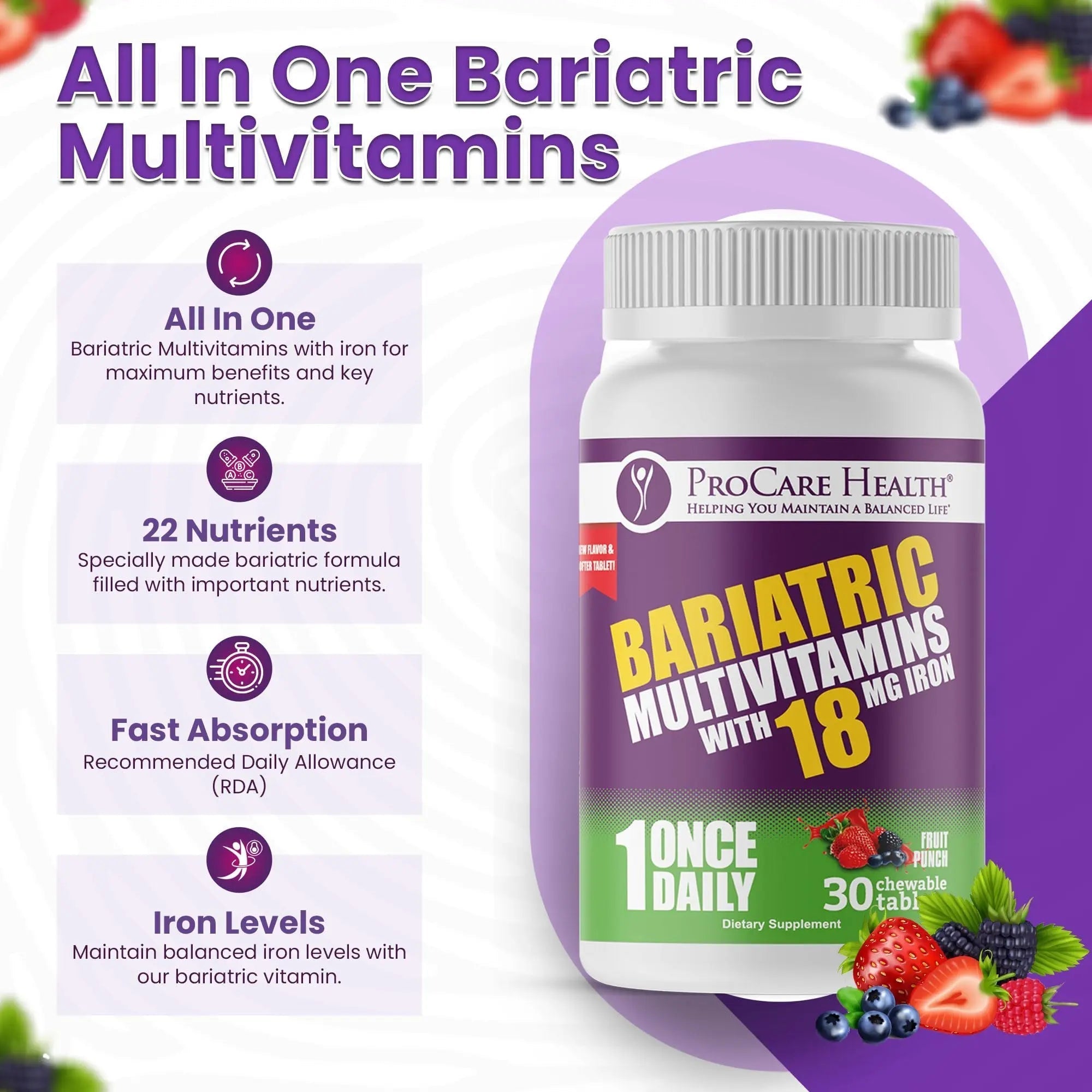 ProCare Health Bariatric Chewable Multivitamin with Iron 18mg (30 Tablets) - Fruit Punch Flavor Bariatric Multivitamin Chewable ProCare Health buy supplements canada