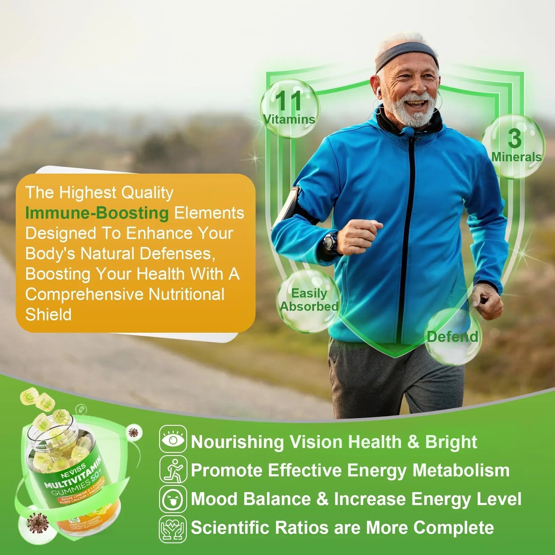 NEVISS 50+ Daily Gummy Multivitamin Algae Omega 3 & Calcium, CoQ10, Magnesium + Vitamin D3 5000IU Gummies 125mcg with Calcium 600mg, K2(MK7) 200mcg NEVISS buy supplements canada