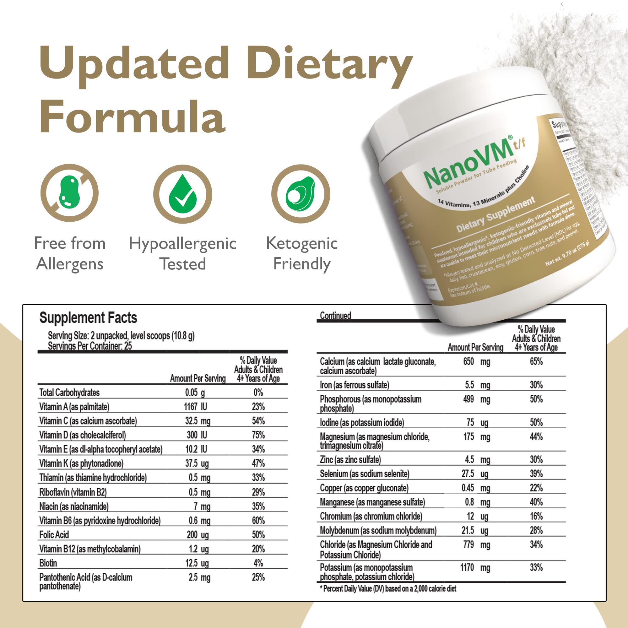 NanoVM t/f, Dietary Supplement for Tube Feeding, Allergen-Free Kids Multivitamin, Unflavored Vitamin Powder with 14 Vitamins & 13 Minerals, Low-Carb Kids Vitamins, 275g - Solace Nutrition NanoVM buy supplements canada