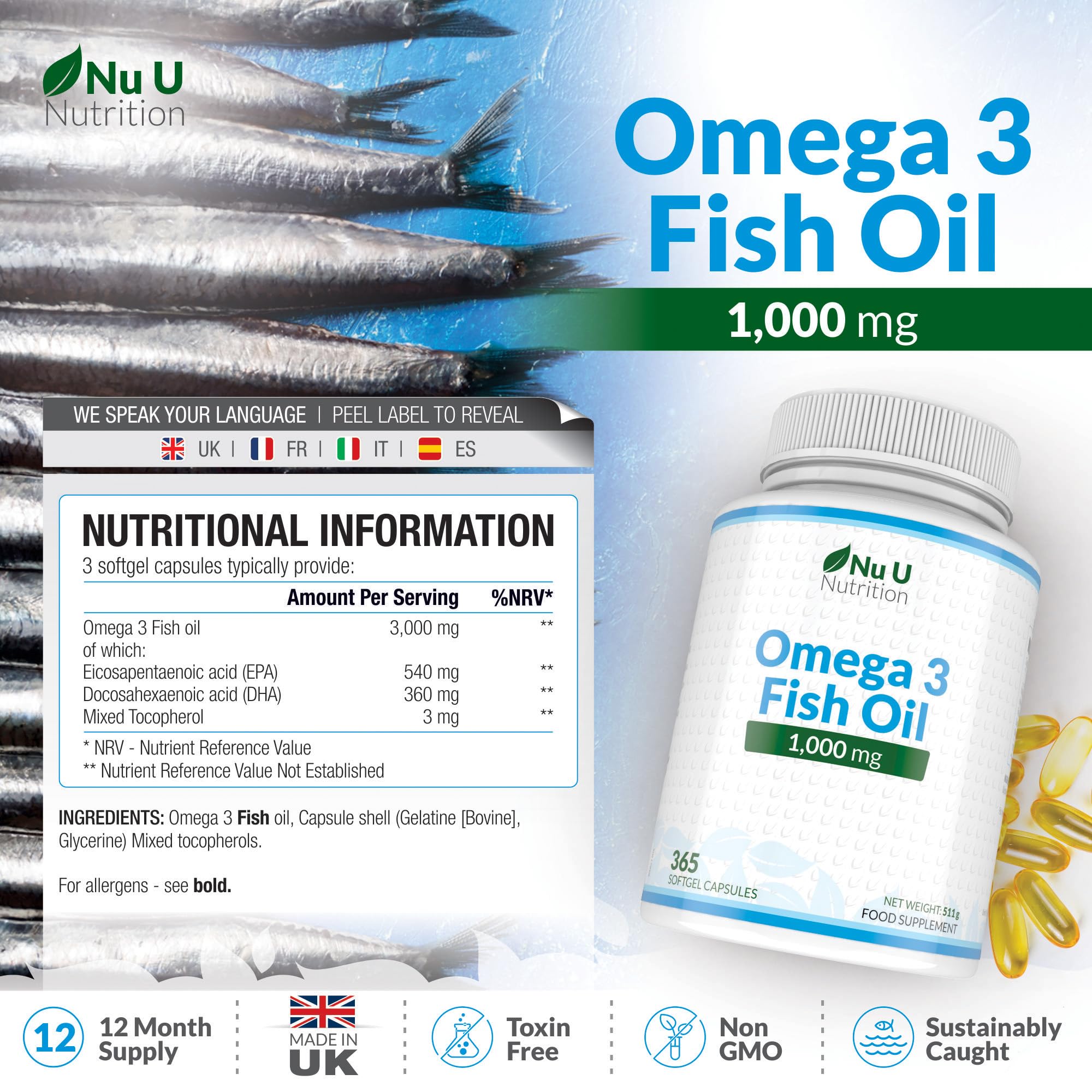 Omega 3 Fish Oil 1000mg - 365 Softgel Capsules - Up to 12 Month’s Supply - Pure Fish Oil Nu U Nutrition buy supplements canada