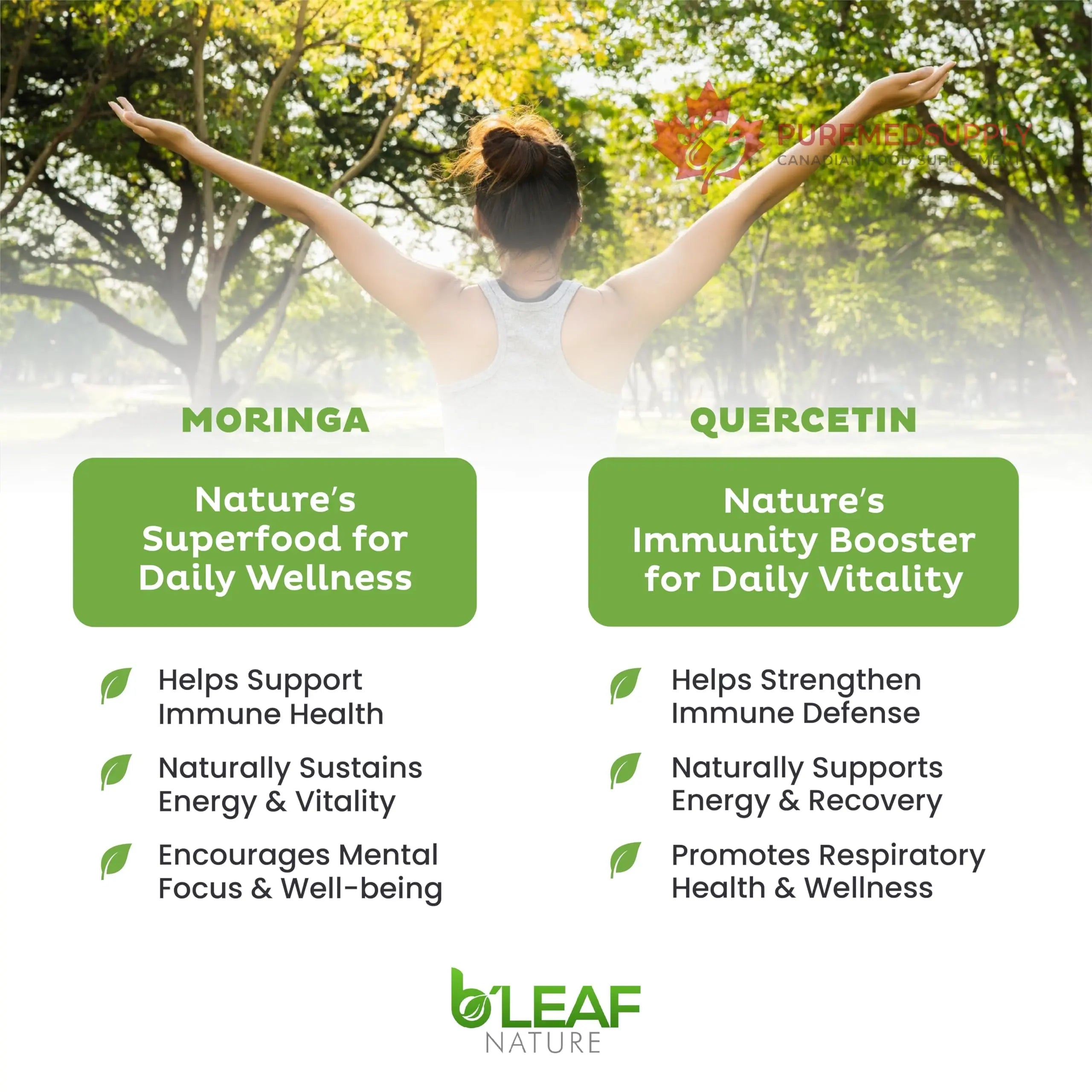 B'LEAF NATURE Moringa and Quercetin Bundle - Non-GMO, Vegan, High Absorption Capsules - 1000mg Quercetin Phytosome Blend + 1000mg Moringa - Natural Energy, Wellness and Immune Support Supplements B'LEAF NATURE buy supplements canada