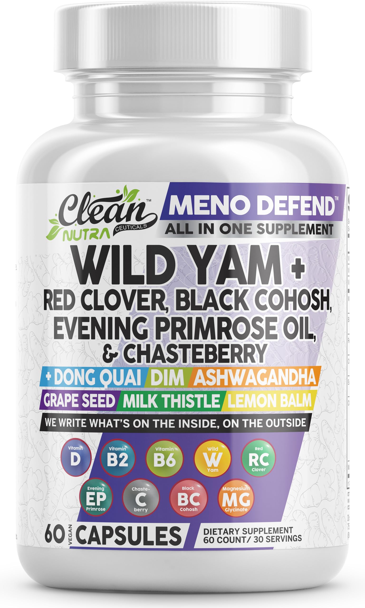 Clean Nutra Wild Yam Root Capsules with Red Clover Black Cohosh Evening Primrose Oil Chasteberry Dong Quai DIM Ashwagandha Grape Seed Extract Milk Thistle Lemon Balm Clean Nutraceuticals buy supplements canada