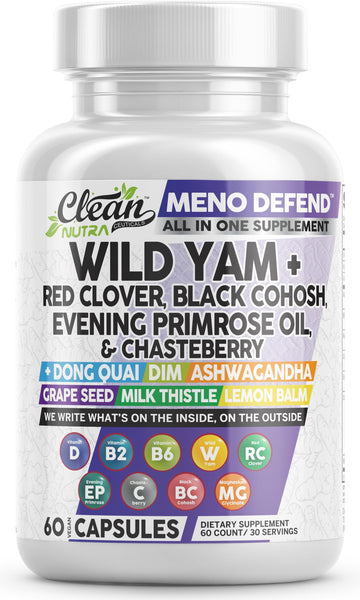 Clean Nutra Wild Yam Root Capsules with Red Clover Black Cohosh Evening Primrose Oil Chasteberry Dong Quai DIM Ashwagandha Grape Seed Extract Milk Thistle Lemon Balm Clean Nutraceuticals buy supplements canada