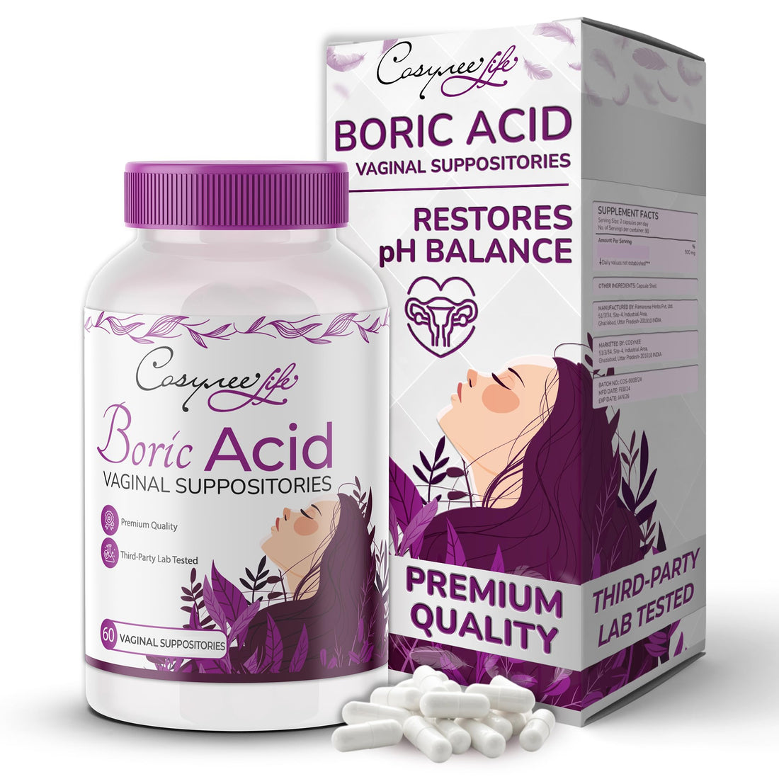 BORIC ACID SUPPOSITORIES FOR WOMEN - 60 CAPSULES PACK, 600 MG EACH | VAGINAL HEALTH cosynee buy supplements canada