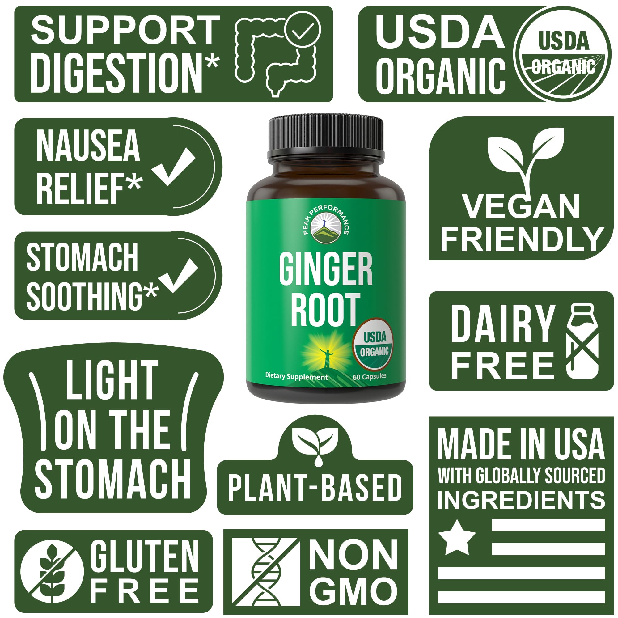 Peak Performance USDA Organic Ginger Root Capsules. Vegan Ginger Pills Supplement for Women & Men to Support Digestion, Occasional Nausea Relief, Gas & Bloat Support, and Gentle Stomach Comfort Peak Performance buy supplements canada