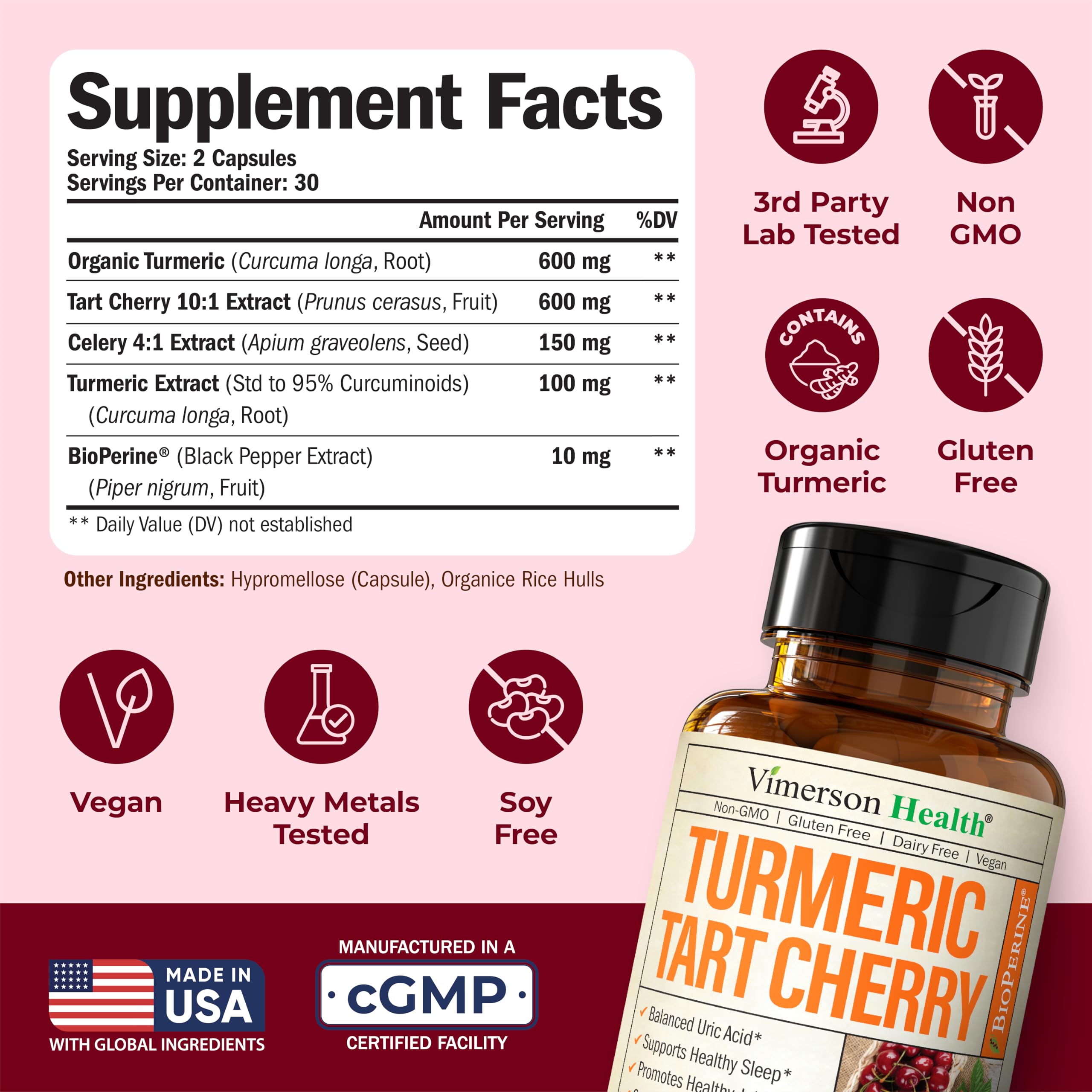 Turmeric Curcumin Supplement with 10:1 Tart Cherry Extract & Celery Seed Extract – Natural Uric Acid Balance, Joint Health & Sleep Aid – Turmeric Curcumin with Black Pepper – 60 Tart Cherry Capsules Vimerson Health buy supplements canada