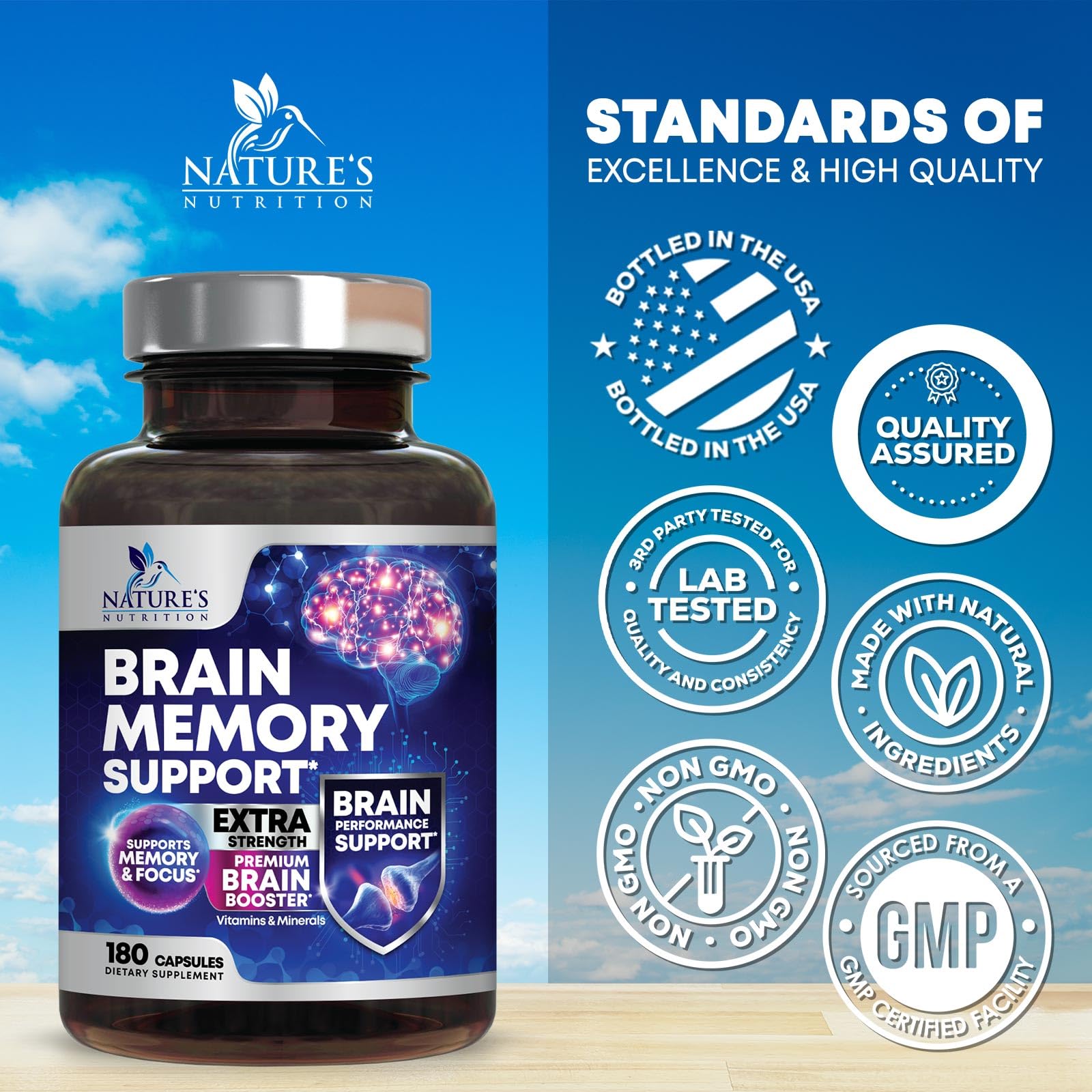 Brain Memory Supplement Pills - 3X Strength Nootropics for Concentration, Clarity & Focus Support - Brain Health Cognitive Vitamins with Bacopa, Phosphatidylserine & DMAE, Brain Booster - 180 Capsules Nature's Nutrition buy supplements canada
