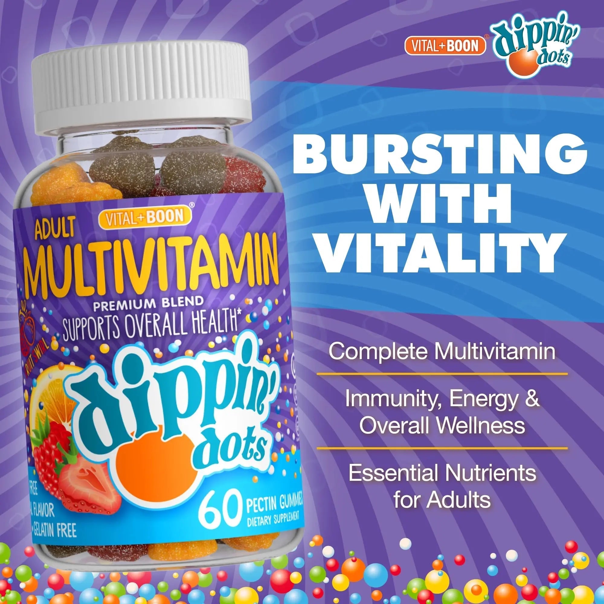 Vital+Boon Dippin' Dots - Multivitamin Gummies for Adults - Gummy Vitamins with Vitamin A, B6, C, D3, E & Folic Acid - Vegetarian Vital+Boon buy supplements canada
