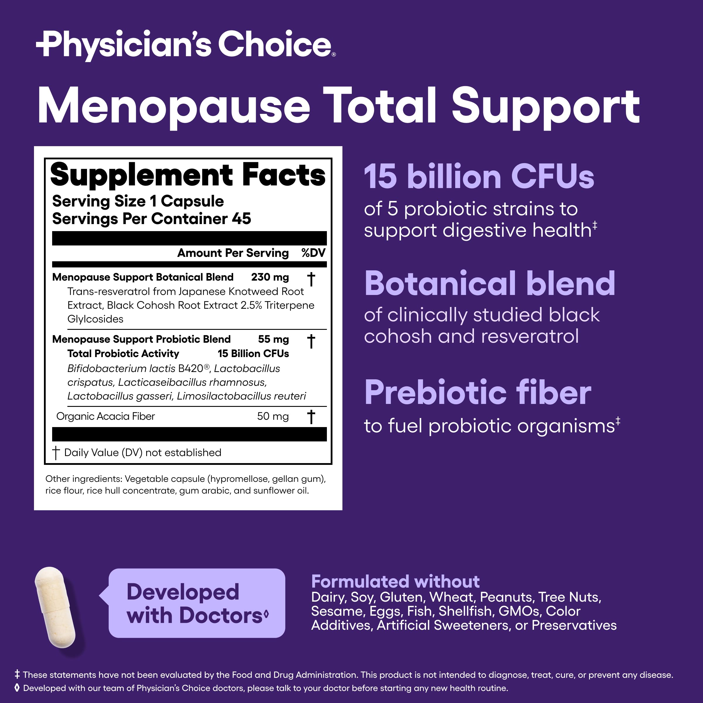 Physician's CHOICE Menopause Probiotic Supplement for Women - Supports Hormone Balance, Hot Flashes, Night Sweats, Weight Management, Bloating & Gut Health - with Black Cohosh, Resveratrol+ - 45ct Physician's CHOICE buy supplements canada