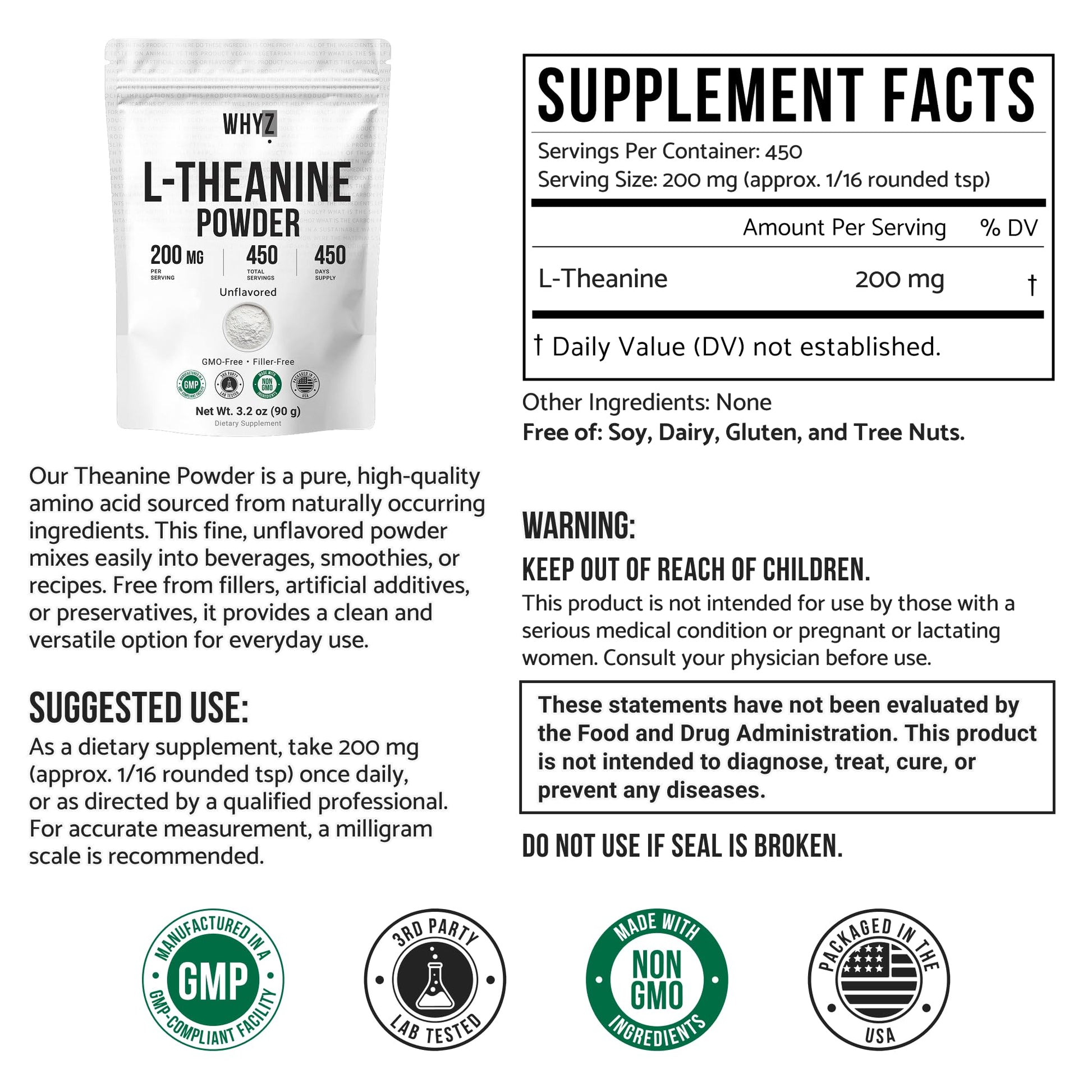 Pure L-Theanine Powder Unflavored Amino Acid Supplement Powder from Fine L-Theanine for Smooth Mixing Vegan Friendly Non-GMO No-Additives for Smoothies Drinks and Daily Nutrition Support, 3.2 oz (90g) WHYZ buy supplements canada