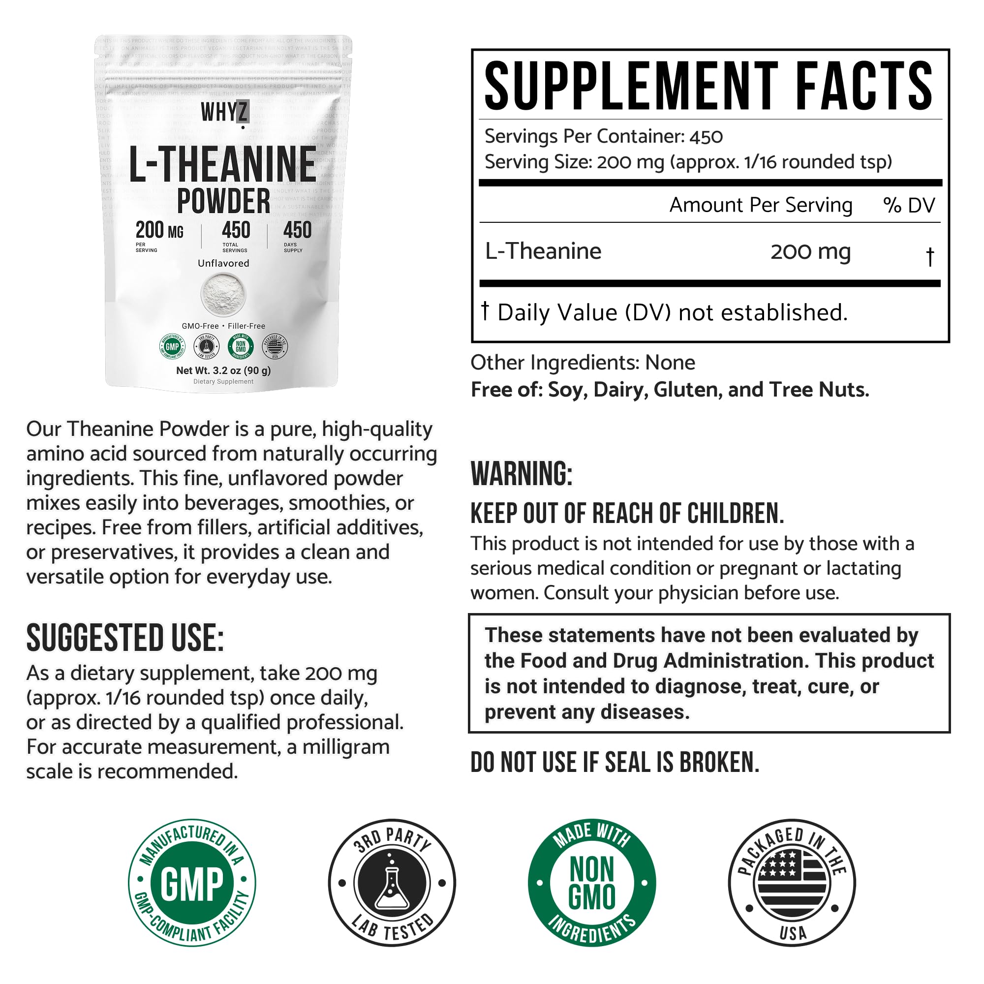 Pure L-Theanine Powder Unflavored Amino Acid Supplement Powder from Fine L-Theanine for Smooth Mixing Vegan Friendly Non-GMO No-Additives for Smoothies Drinks and Daily Nutrition Support, 3.2 oz (90g) WHYZ buy supplements canada