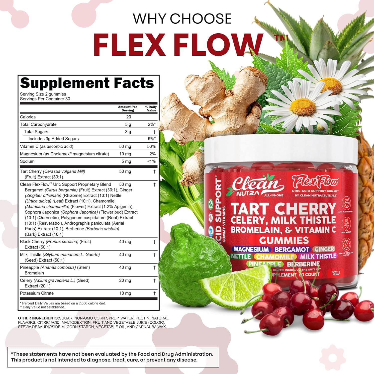 Clean Nutra Tart Cherry Gummies Uric Acid Flush Celery Milk Thistle Bromelain Vitamin C Magnesium Citrus Bergamot Ginger Stinging Nettle Leaf Chamomile Berberine Quercetin Support 60 Gummy Vitamins Clean Nutraceuticals buy supplements canada