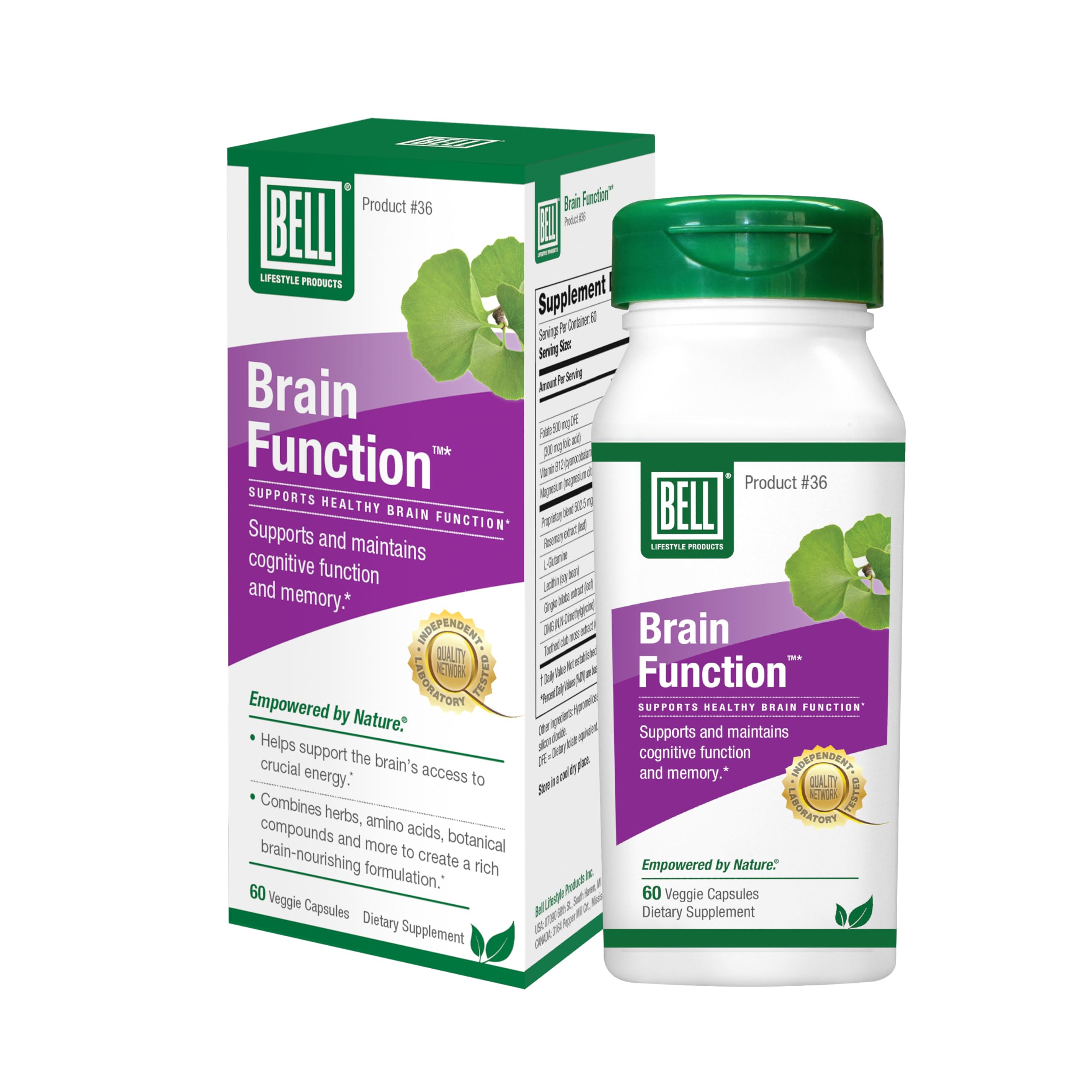 Bell Brain Function Lifestyle, Supports Cognitive Health with Ginkgo, Vitamin B12, Folate - 60 Vegetarian Capsules Bell buy supplements canada