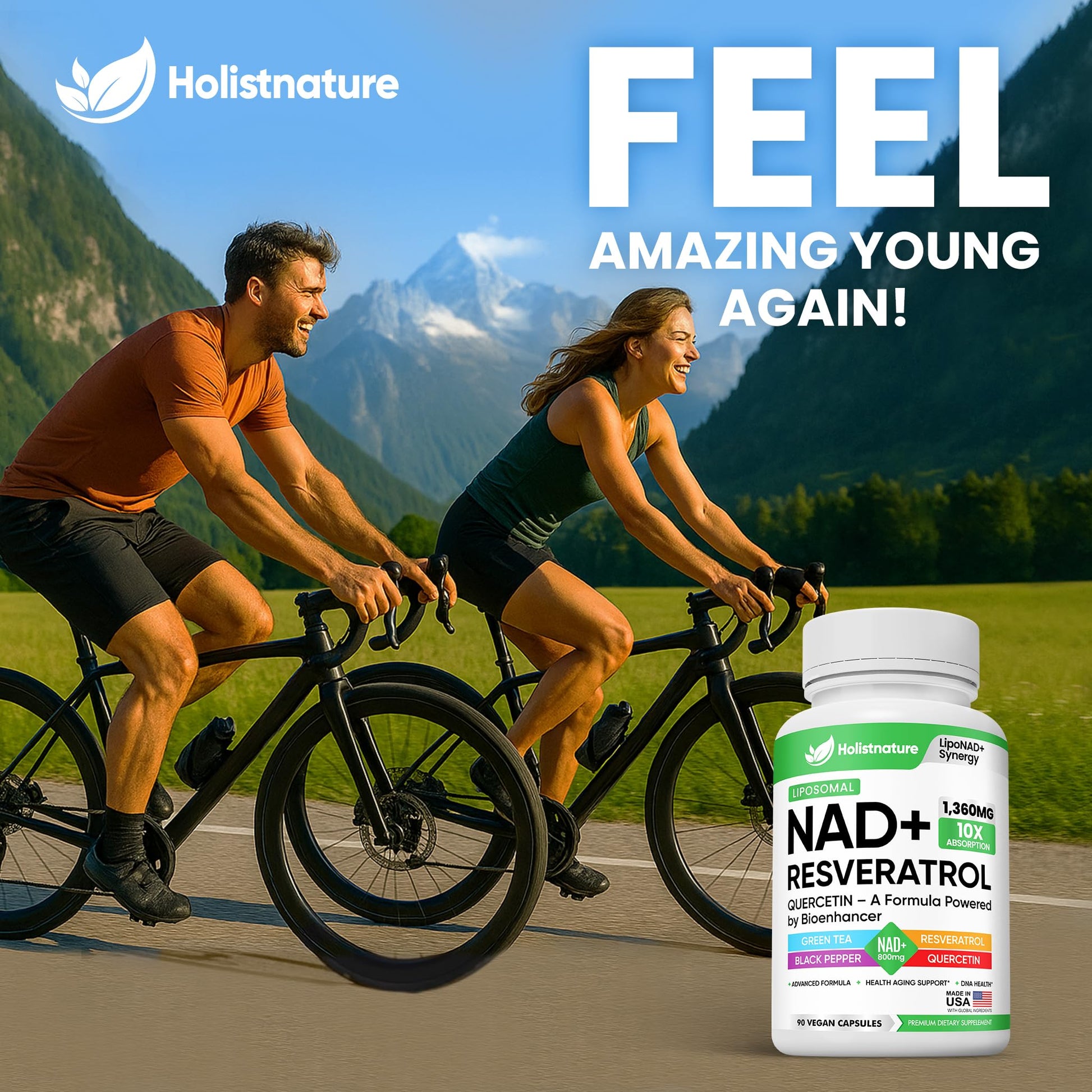 NAD+ Supplement, 1,360mg Max Strength Liposomal | Resveratrol, Quercetin, Green Tea | Cellular Energy & Healthy Aging for Men & Women | 800mg of 100% High Purity NAD+ for Energy, Focus - 90 Capsules Holistnature buy supplements canada