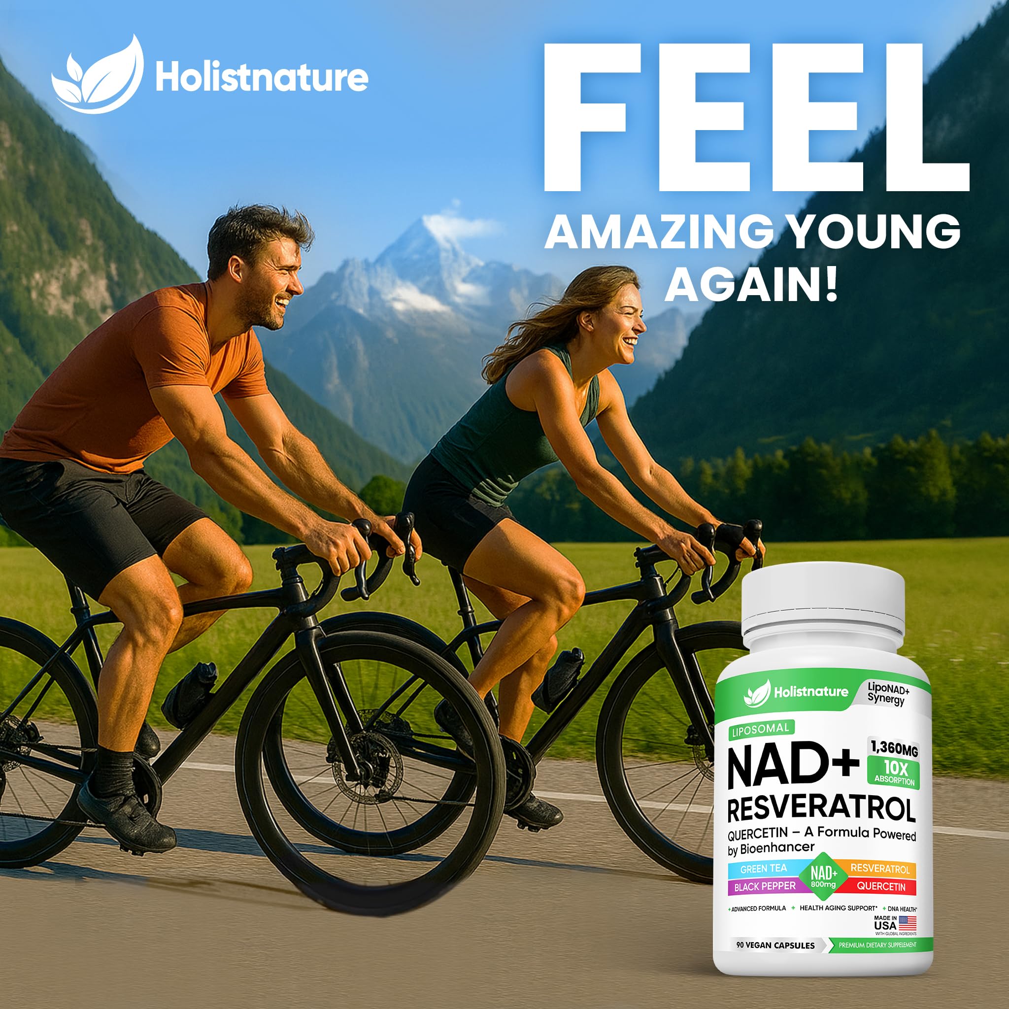 NAD+ Supplement, 1,360mg Max Strength Liposomal | Resveratrol, Quercetin, Green Tea | Cellular Energy & Healthy Aging for Men & Women | 800mg of 100% High Purity NAD+ for Energy, Focus - 90 Capsules Holistnature buy supplements canada