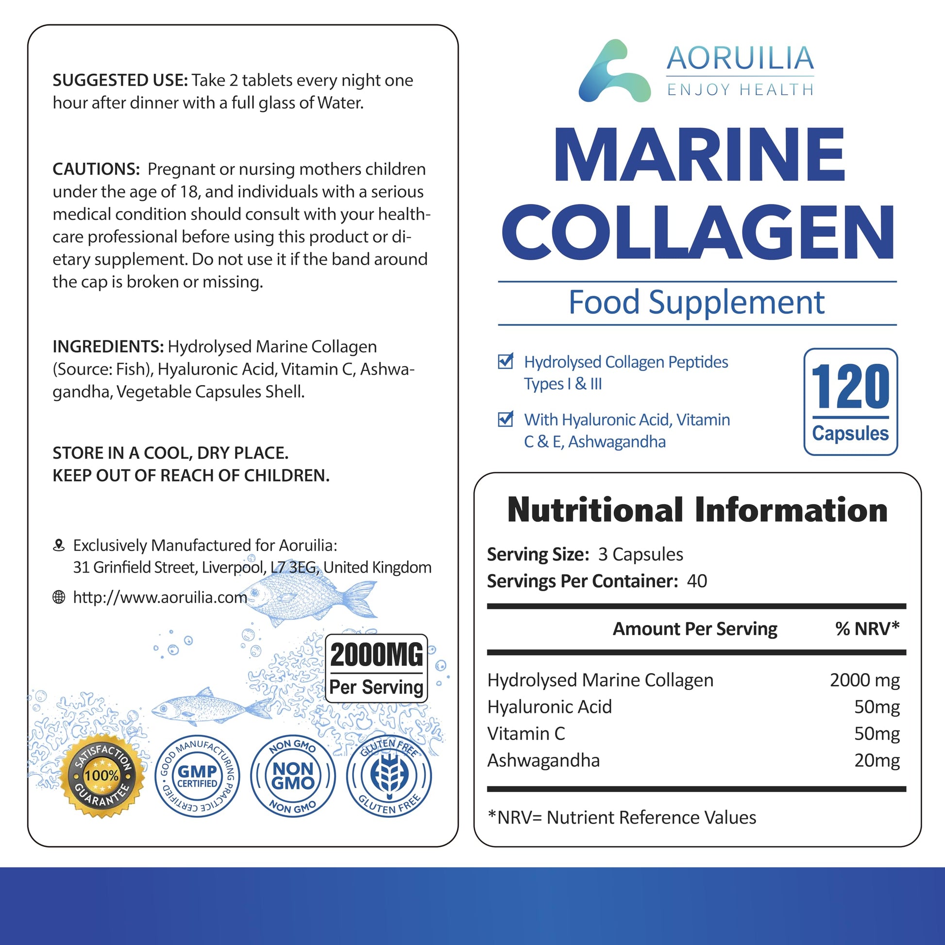 Marine Collagen Supplements for Women Men 2000mg 120 Capsules Hyaluronic Acid, Vitamin C, Vitamin E, & Ashwagandha Aoruilia buy supplements canada