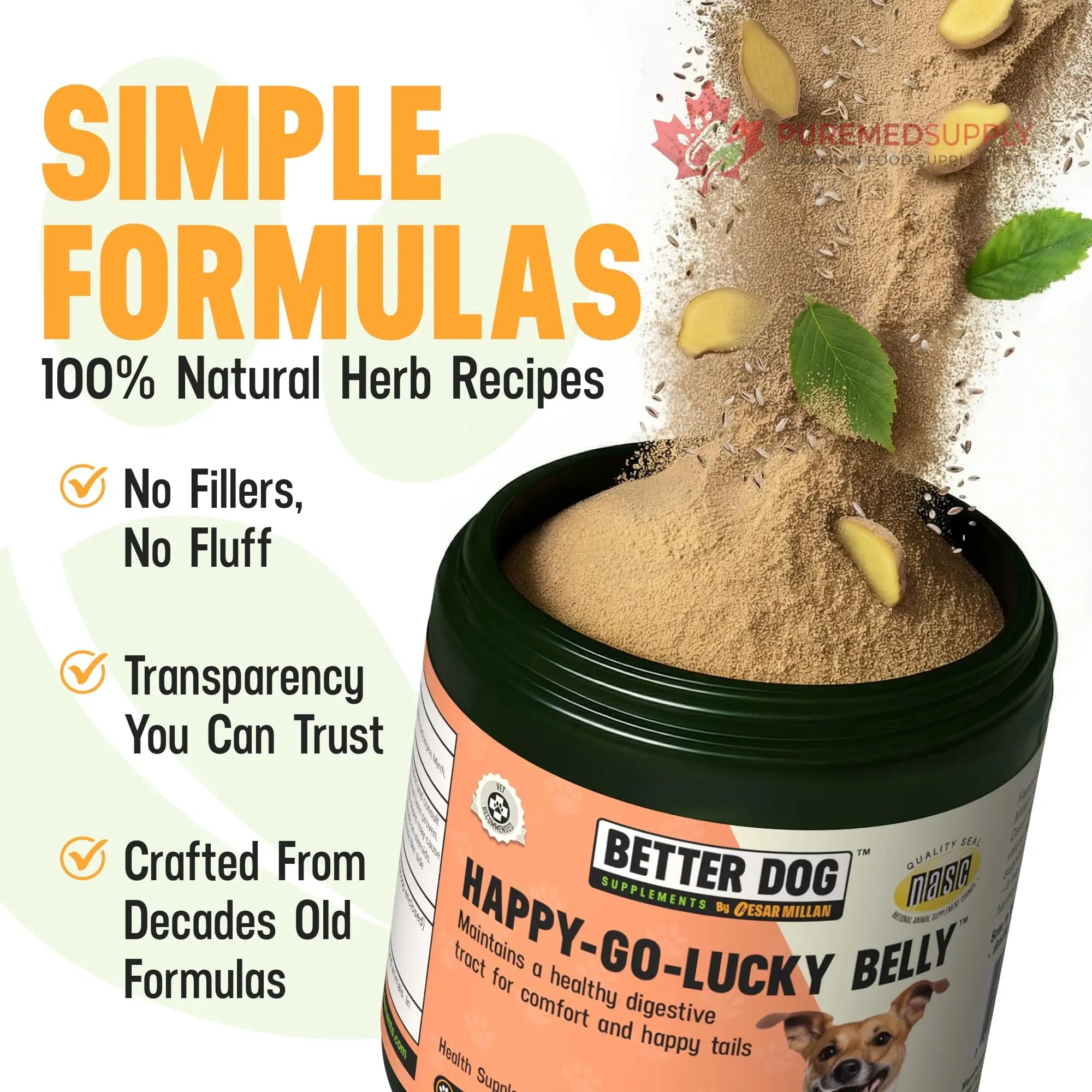Better Dog Supplements Happy-Go-Lucky Belly by Cesar Millan - Natural Dog Digestive Support Powder – Dog Constipation Relief, Gut Balance & Regularity with Herbal Fiber for Dogs – 4oz (60-Day Supply) Better Dog Supplements By Cesar Millan buy supplements canada